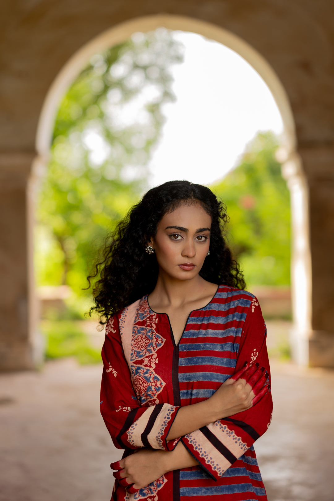 Women's Ajrakh Round Neck Maroon Kurta - Mehrab