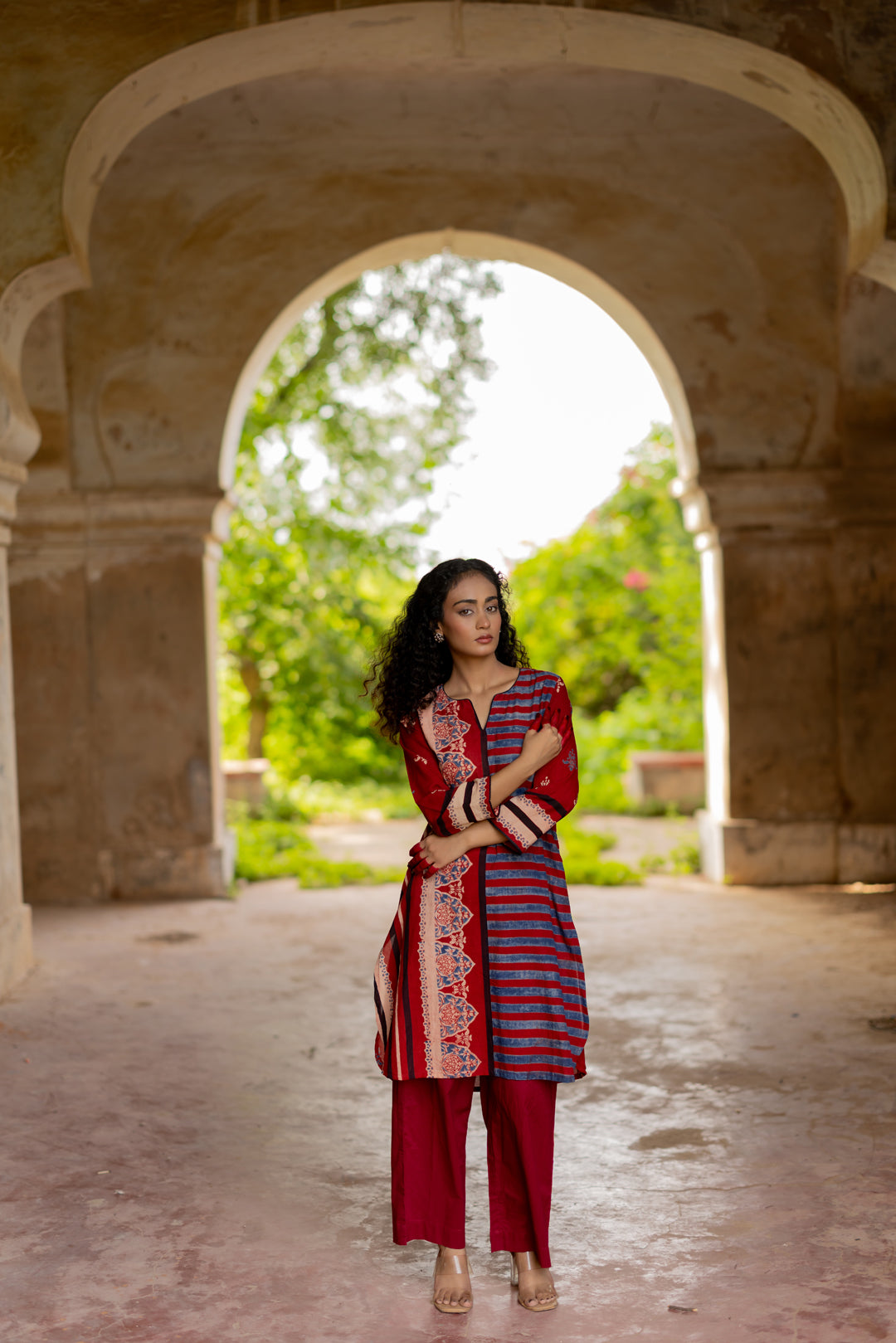 Women's Ajrakh Round Neck Maroon Kurta - Mehrab