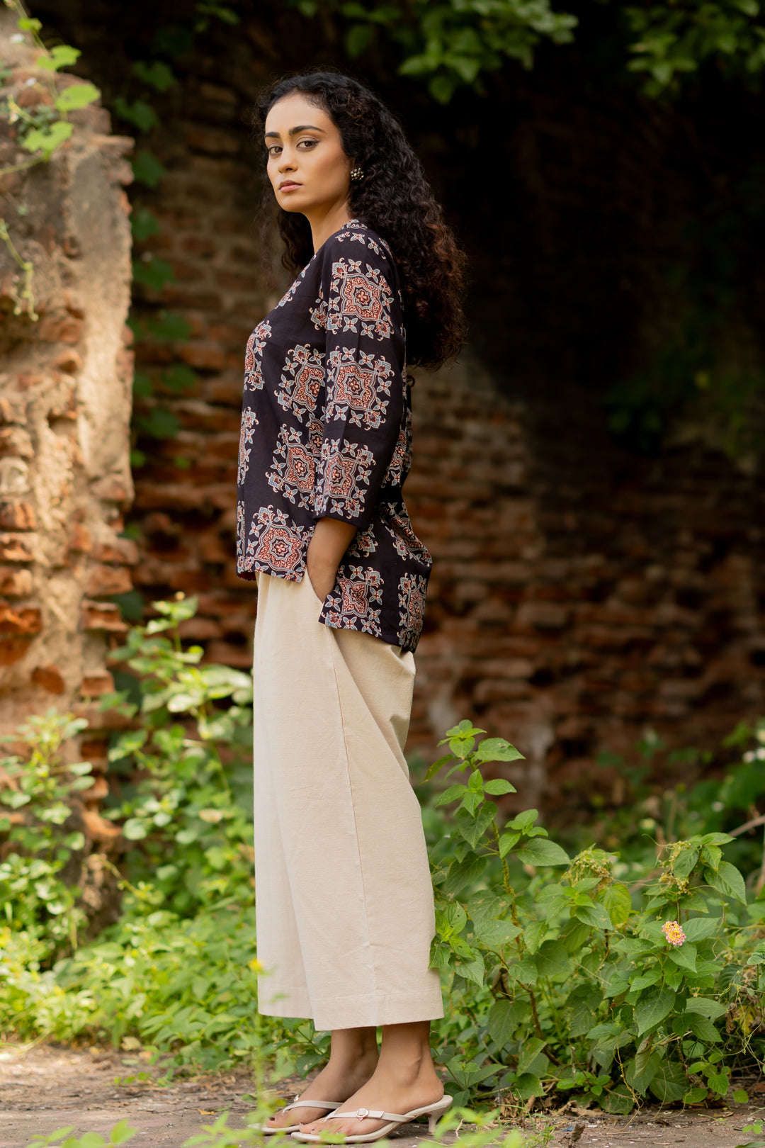 Women's Black Ajrakh Mul Cotton Top - Mehrab