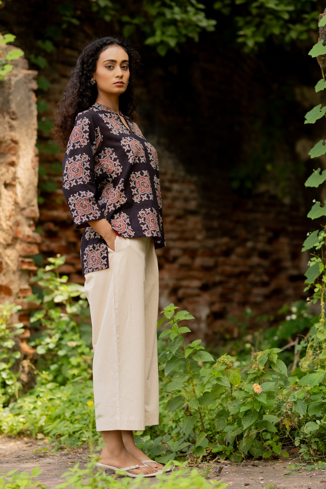 Women's Black Ajrakh Mul Cotton Top - Mehrab