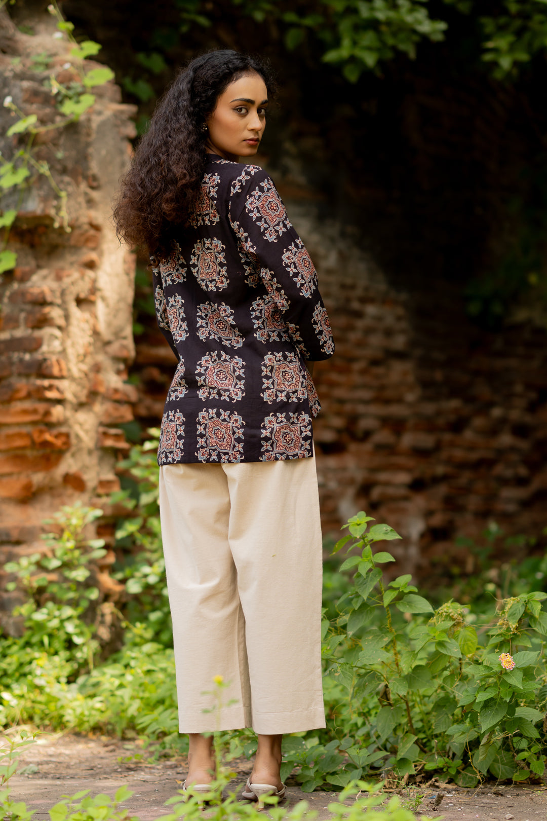 Women's Black Ajrakh Mul Cotton Top - Mehrab