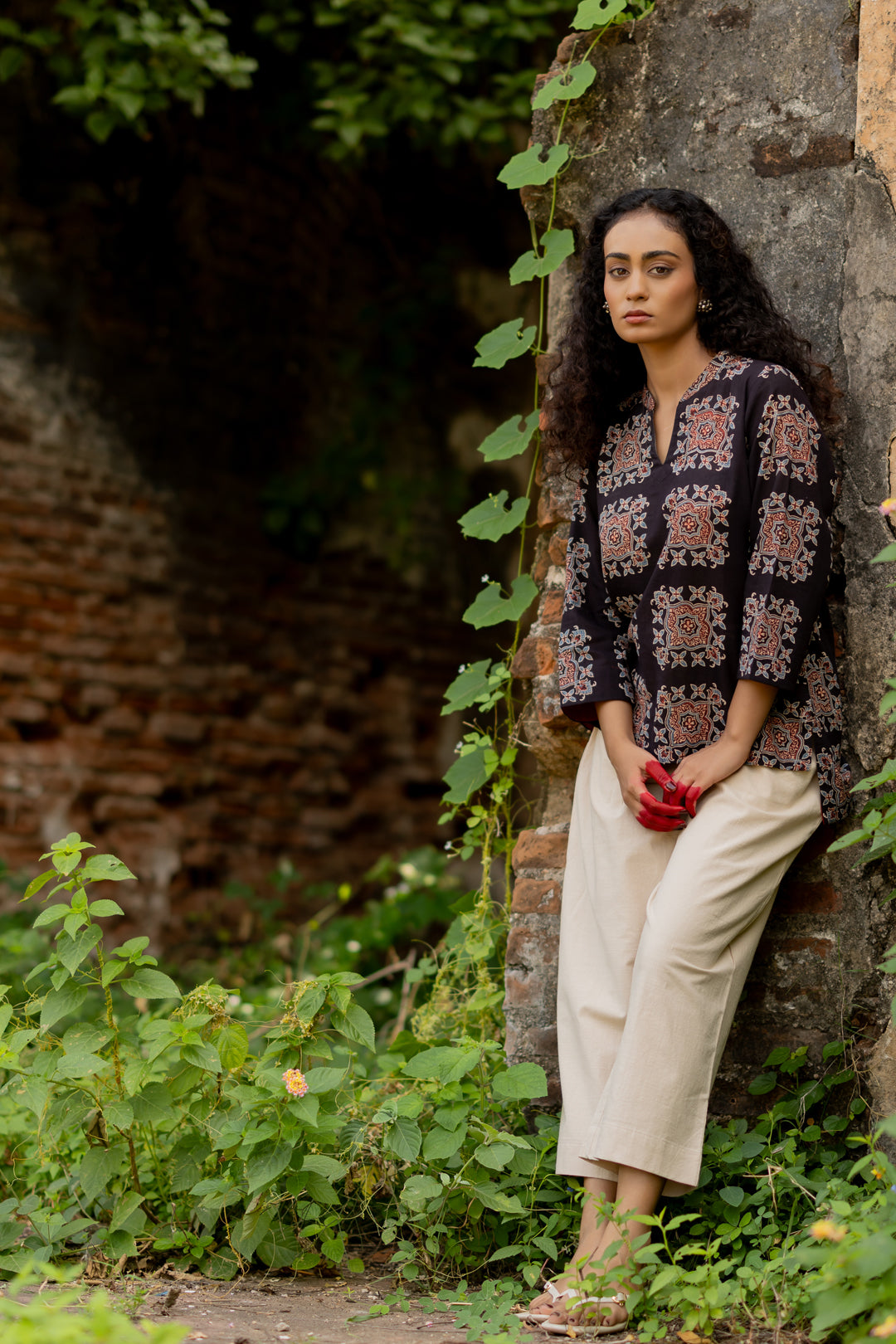 Women's Black Ajrakh Mul Cotton Top - Mehrab