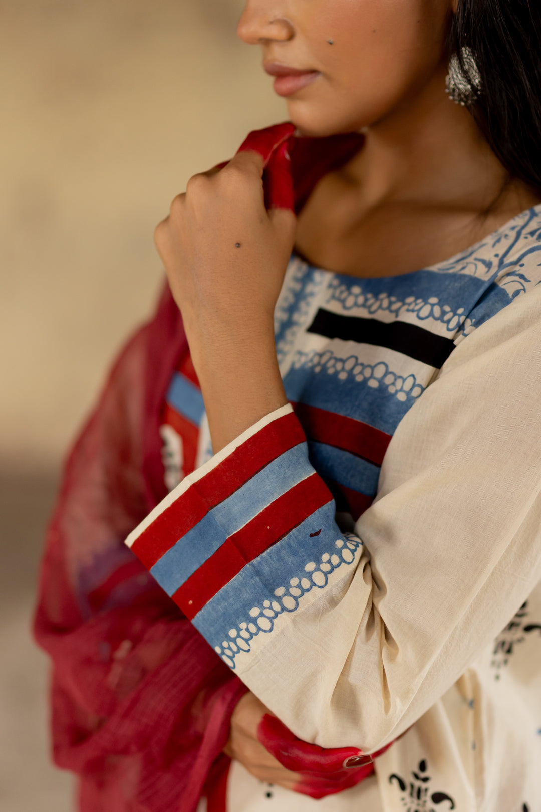 Cream in Print Mul Cotton Kurta - Mehrab