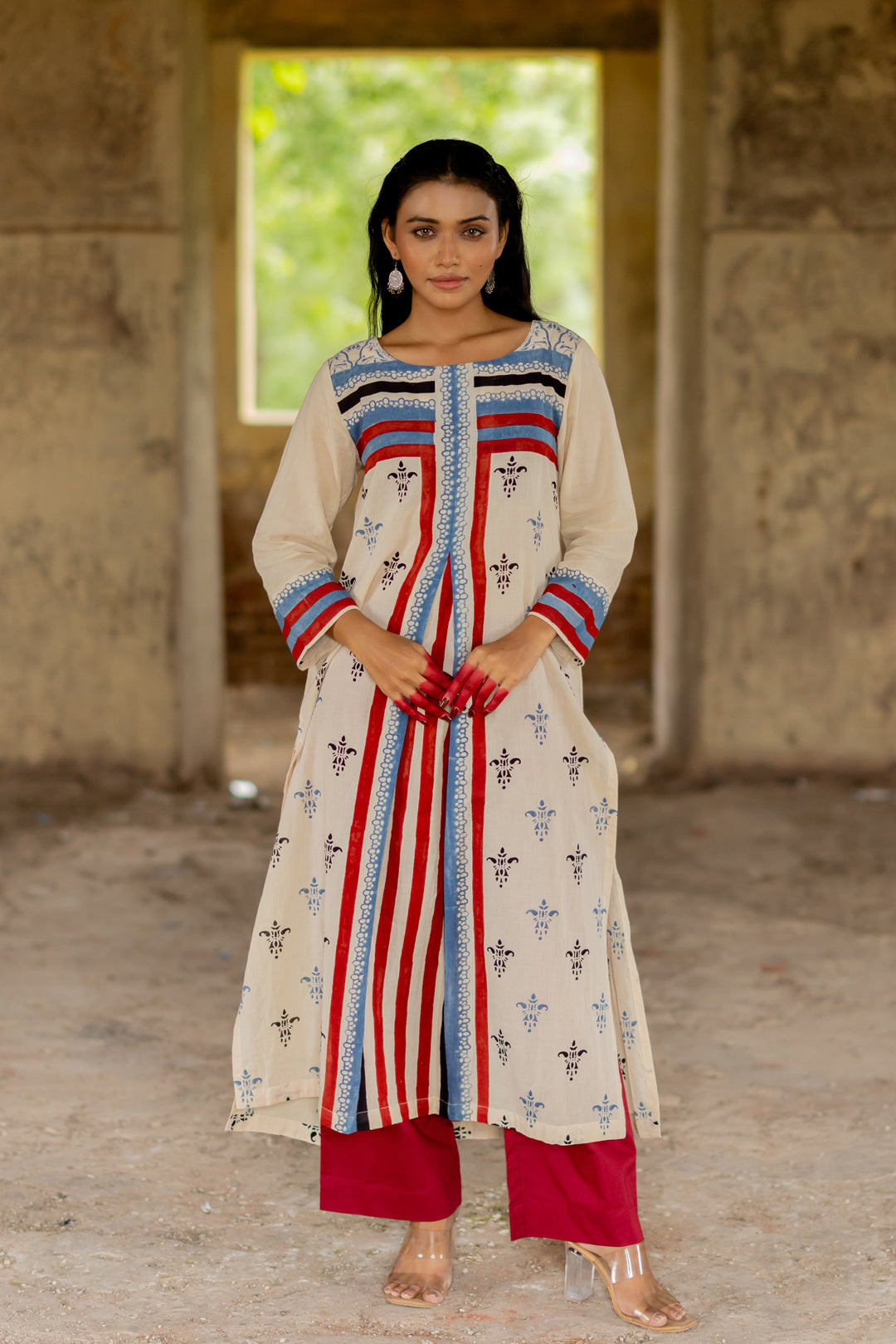 Cream in Print Mul Cotton Kurta - Mehrab