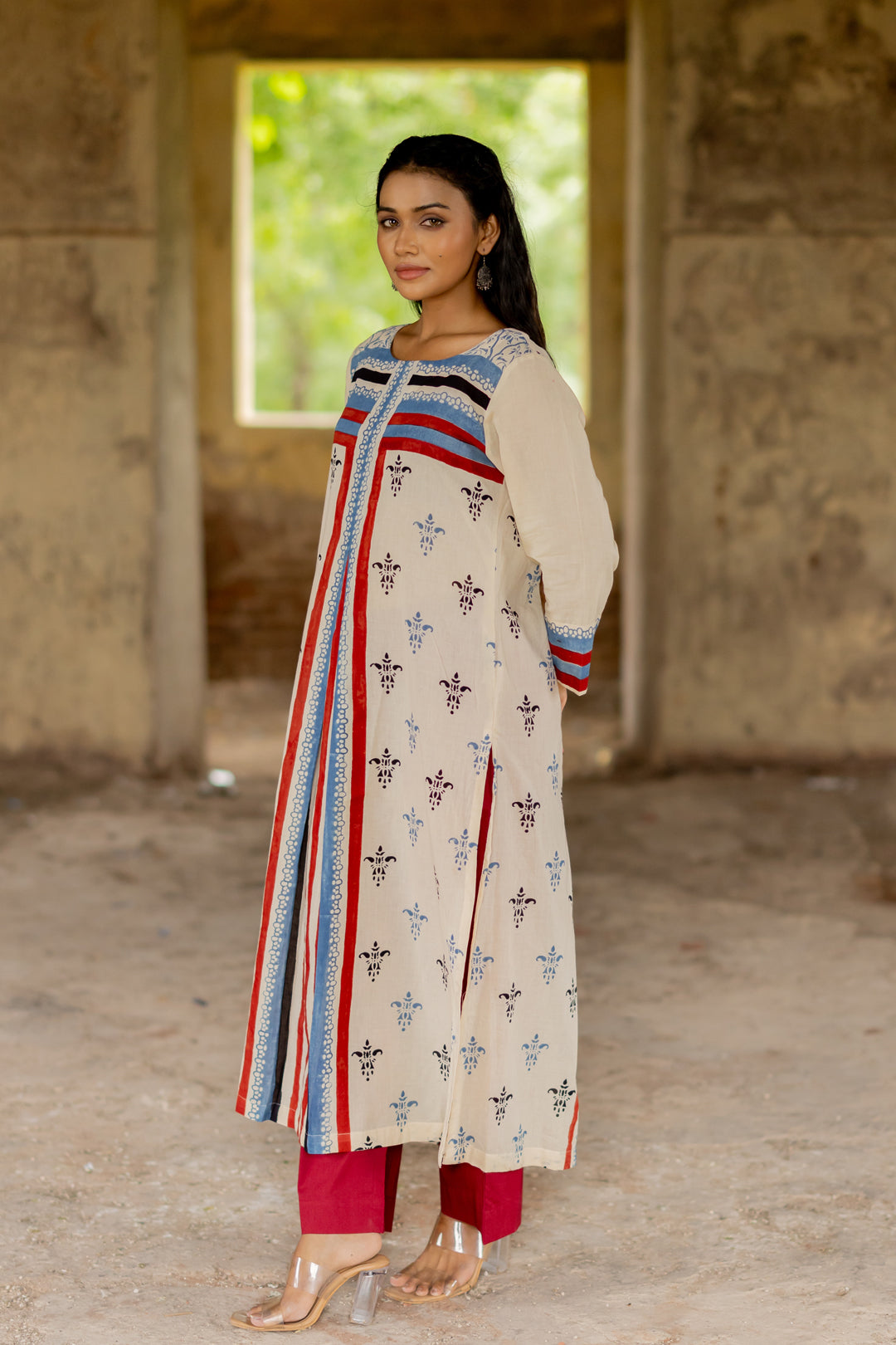 Cream in Print Mul Cotton Kurta - Mehrab