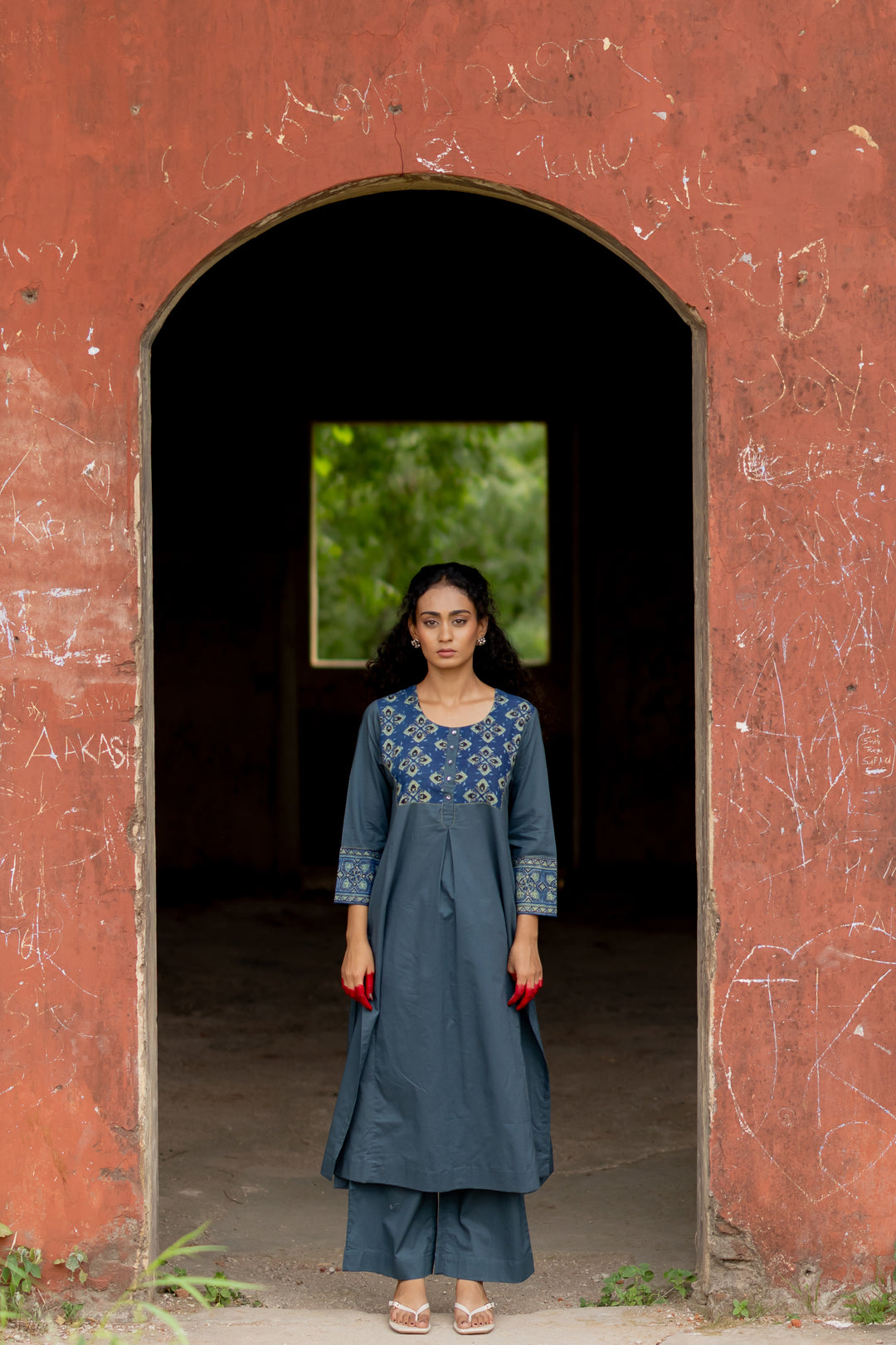 Ajrakh Blue Block Print Cotton Kurta - Mehrab