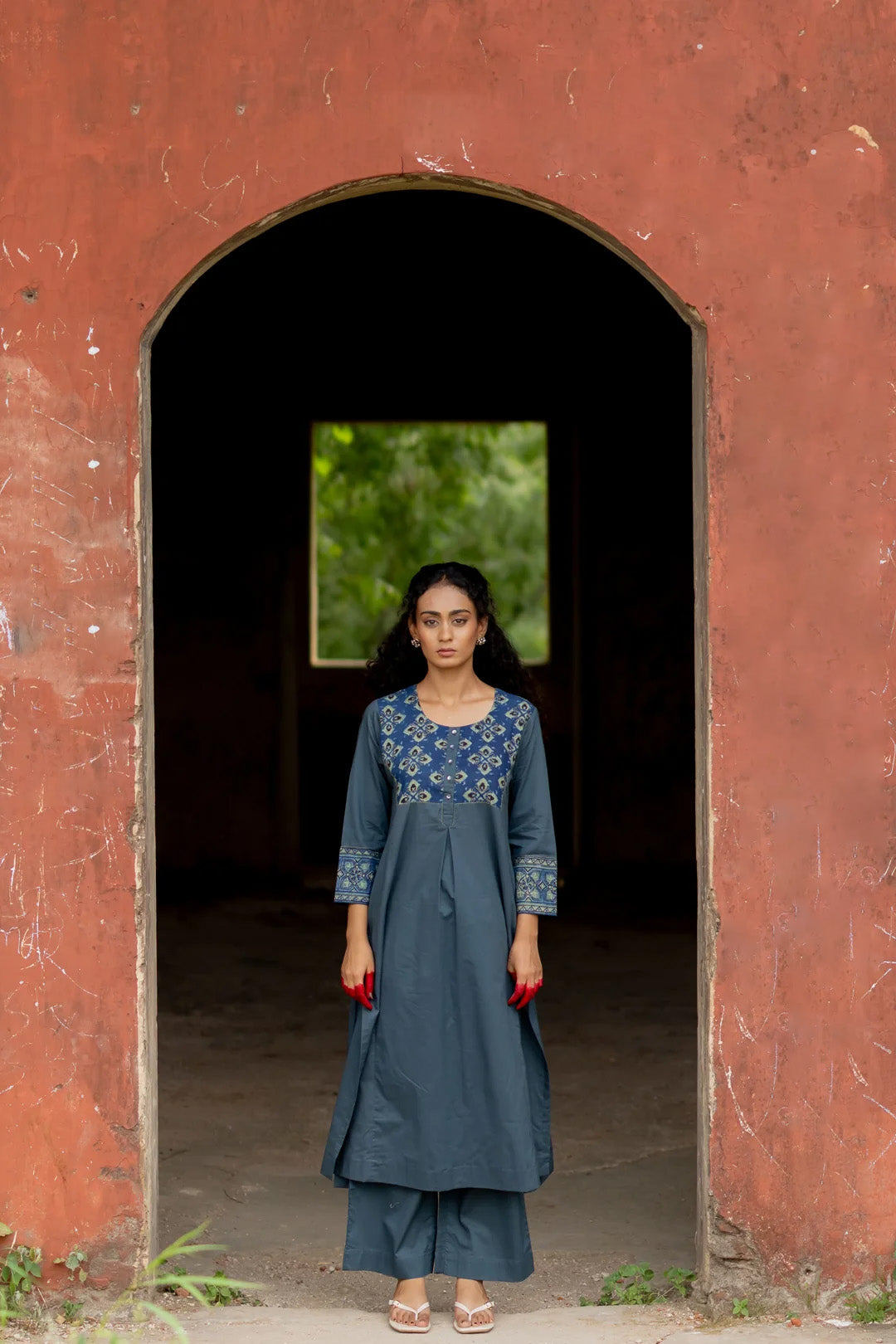 Ajrakh Blue Block Print Cotton Kurta - Mehrab