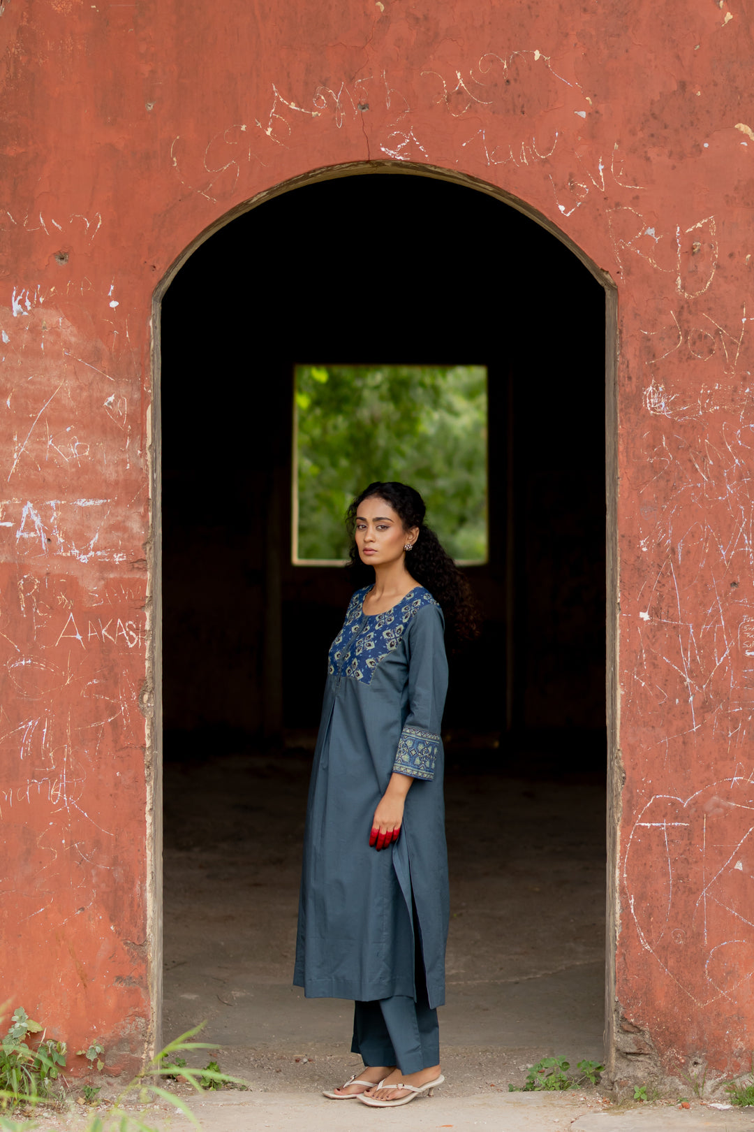 Ajrakh Blue Block Print Cotton Kurta - Mehrab