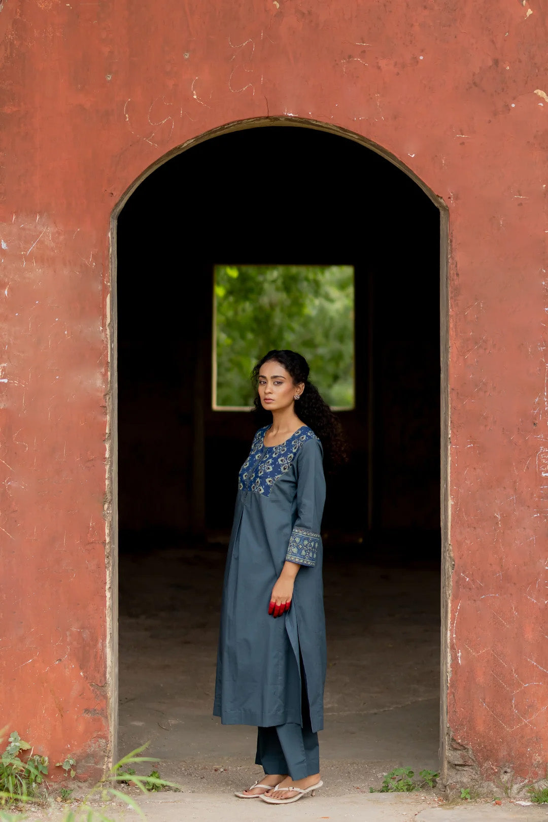 Ajrakh Blue Block Print Cotton Kurta - Mehrab