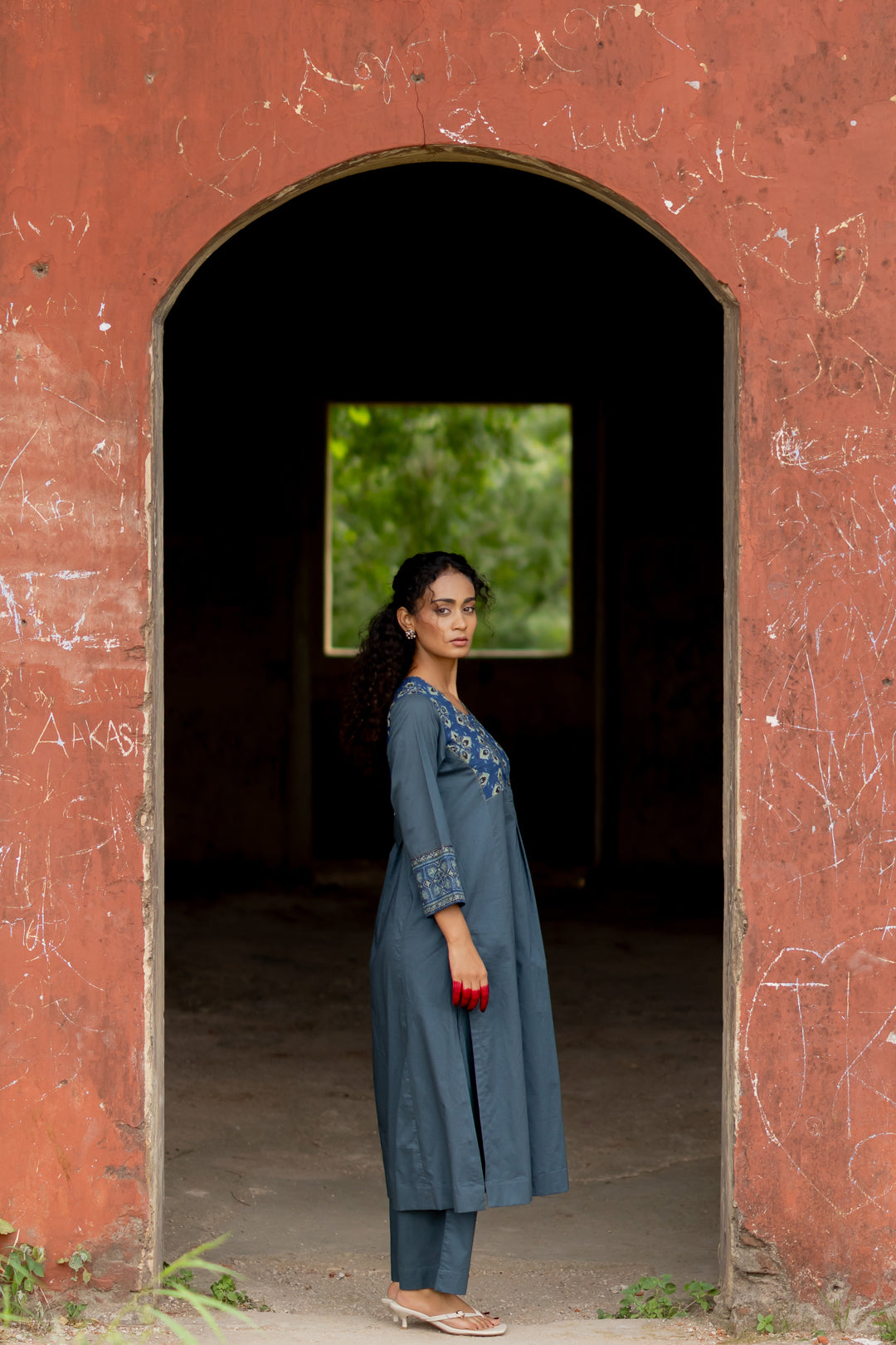 Ajrakh Blue Block Print Cotton Kurta - Mehrab