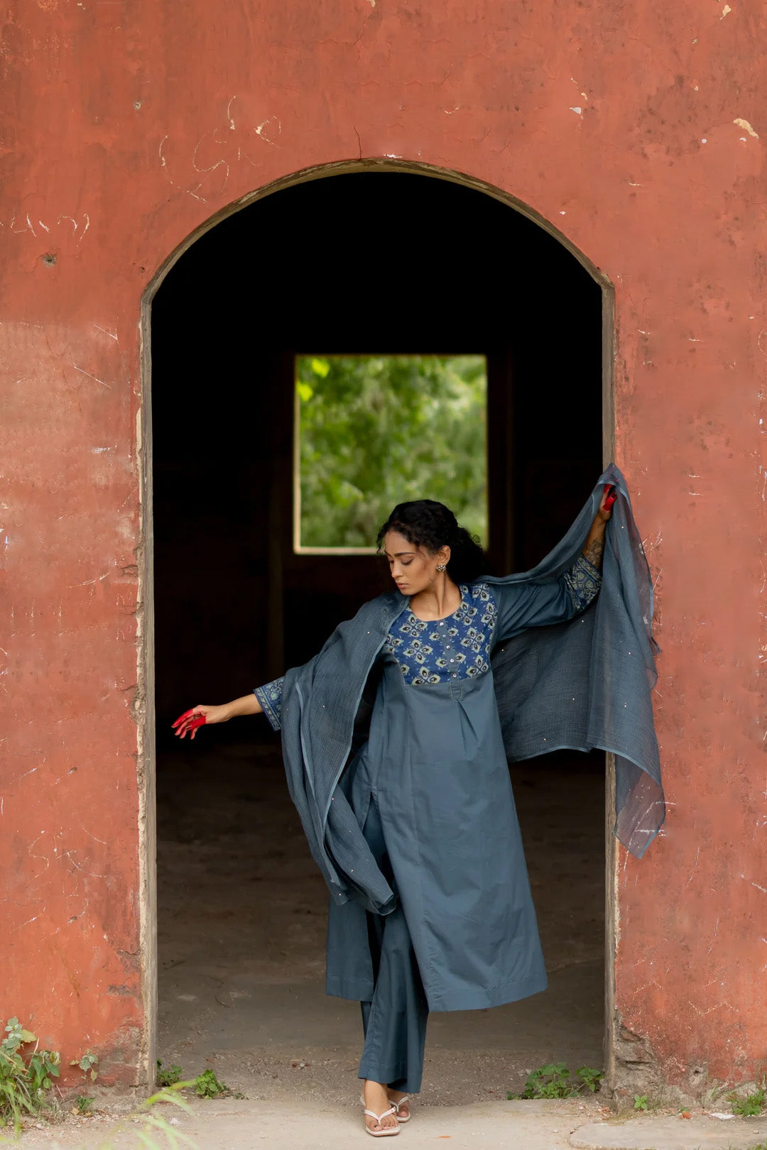 Ajrakh Blue Block Print Cotton Kurta - Mehrab