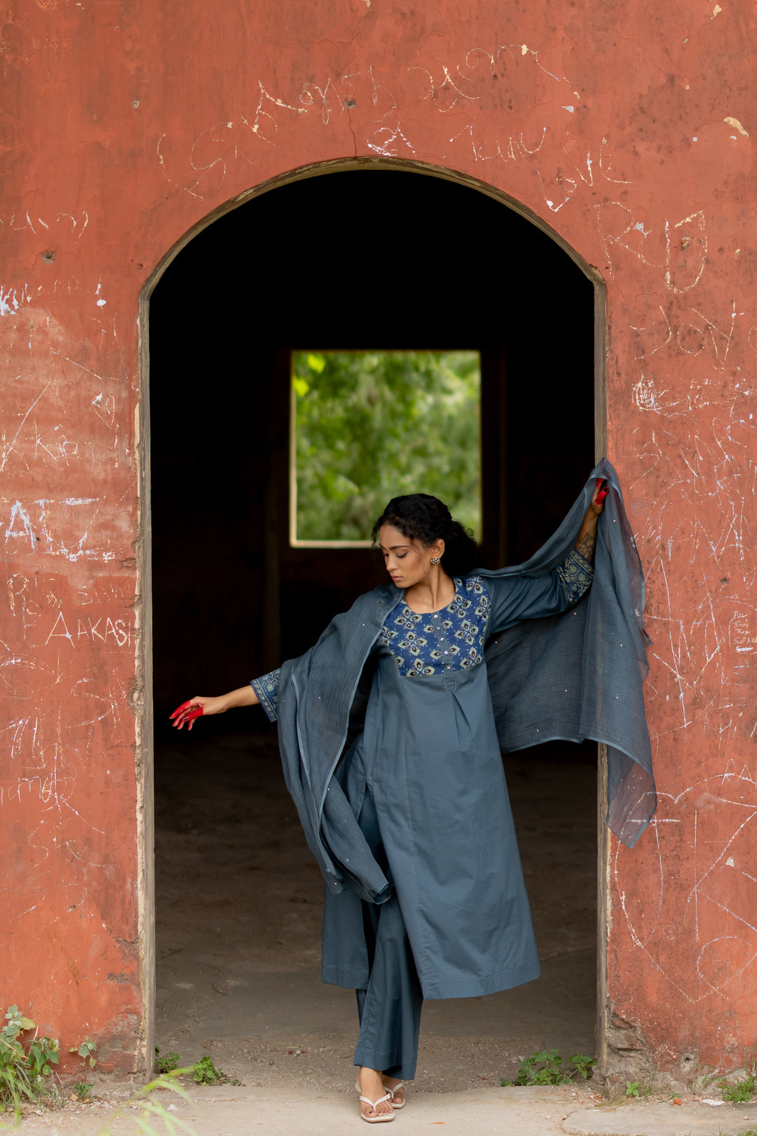 Ajrakh Blue Block Print Cotton Kurta - Mehrab