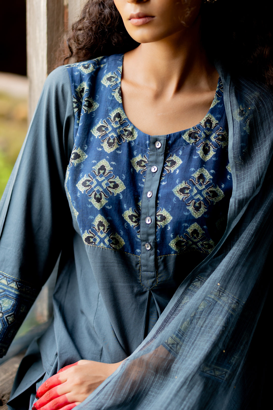 Ajrakh Blue Block Print Cotton Kurta - Mehrab