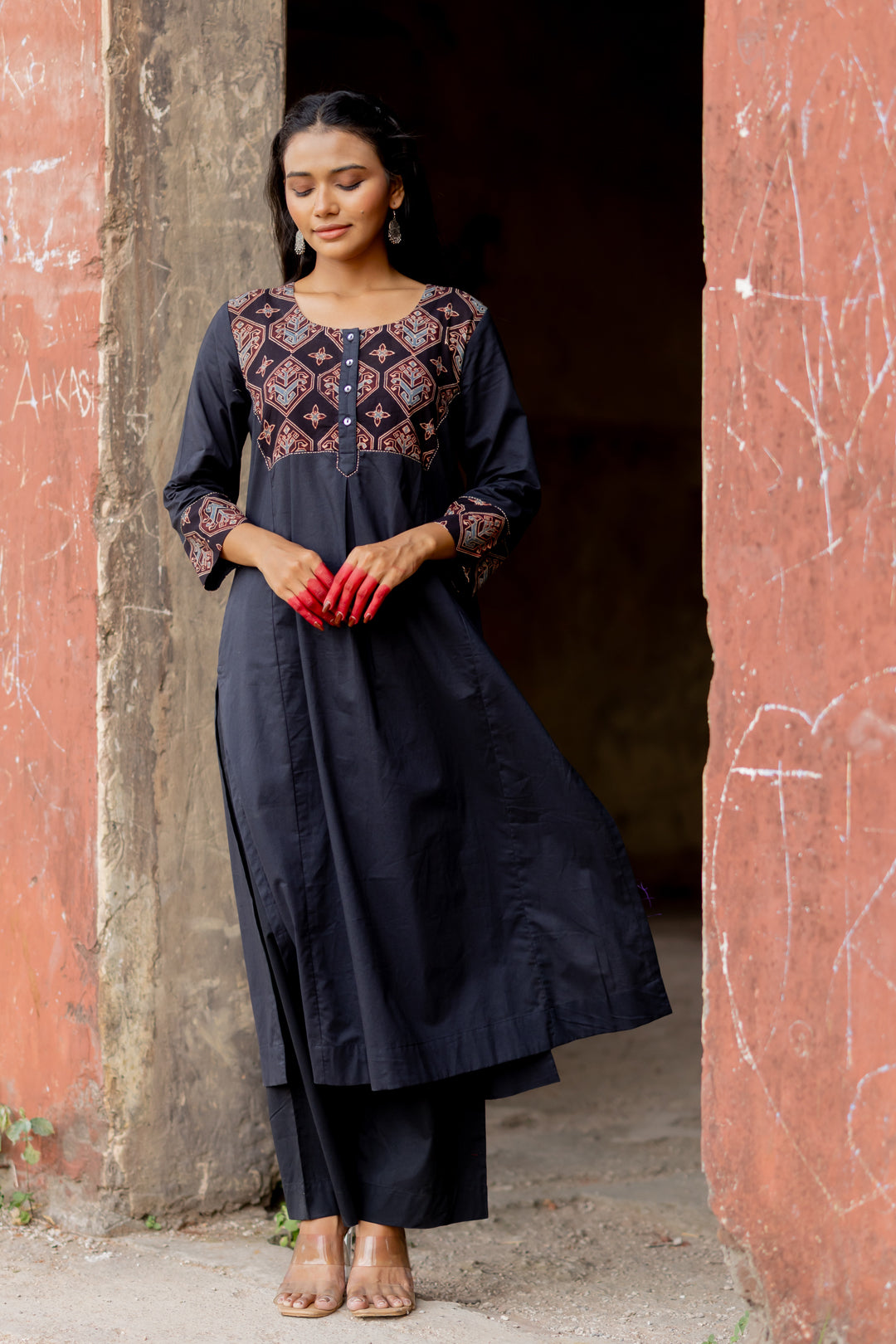 Block Print Cotton Kurta in Black - Mehrab