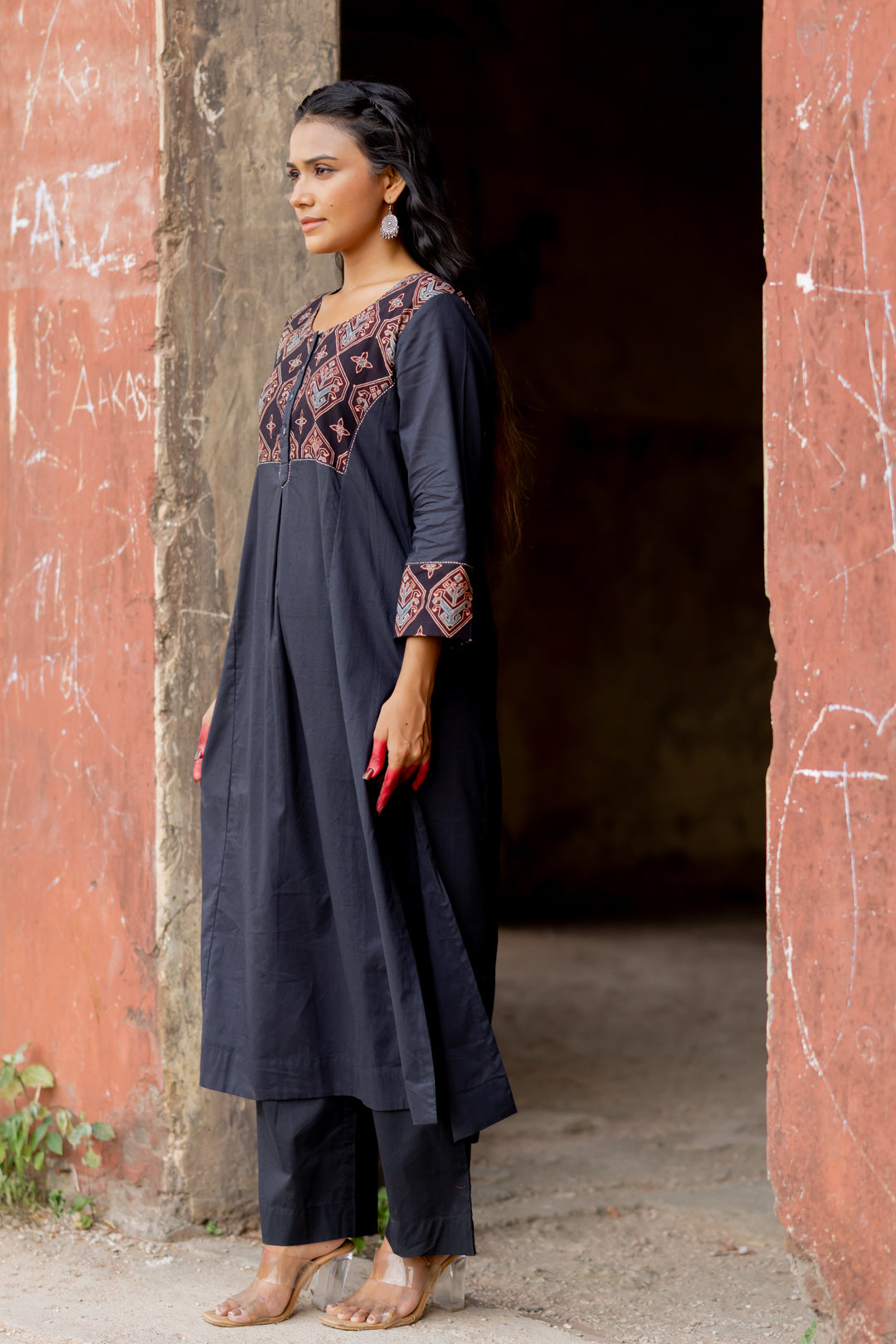Block Print Cotton Kurta in Black - Mehrab