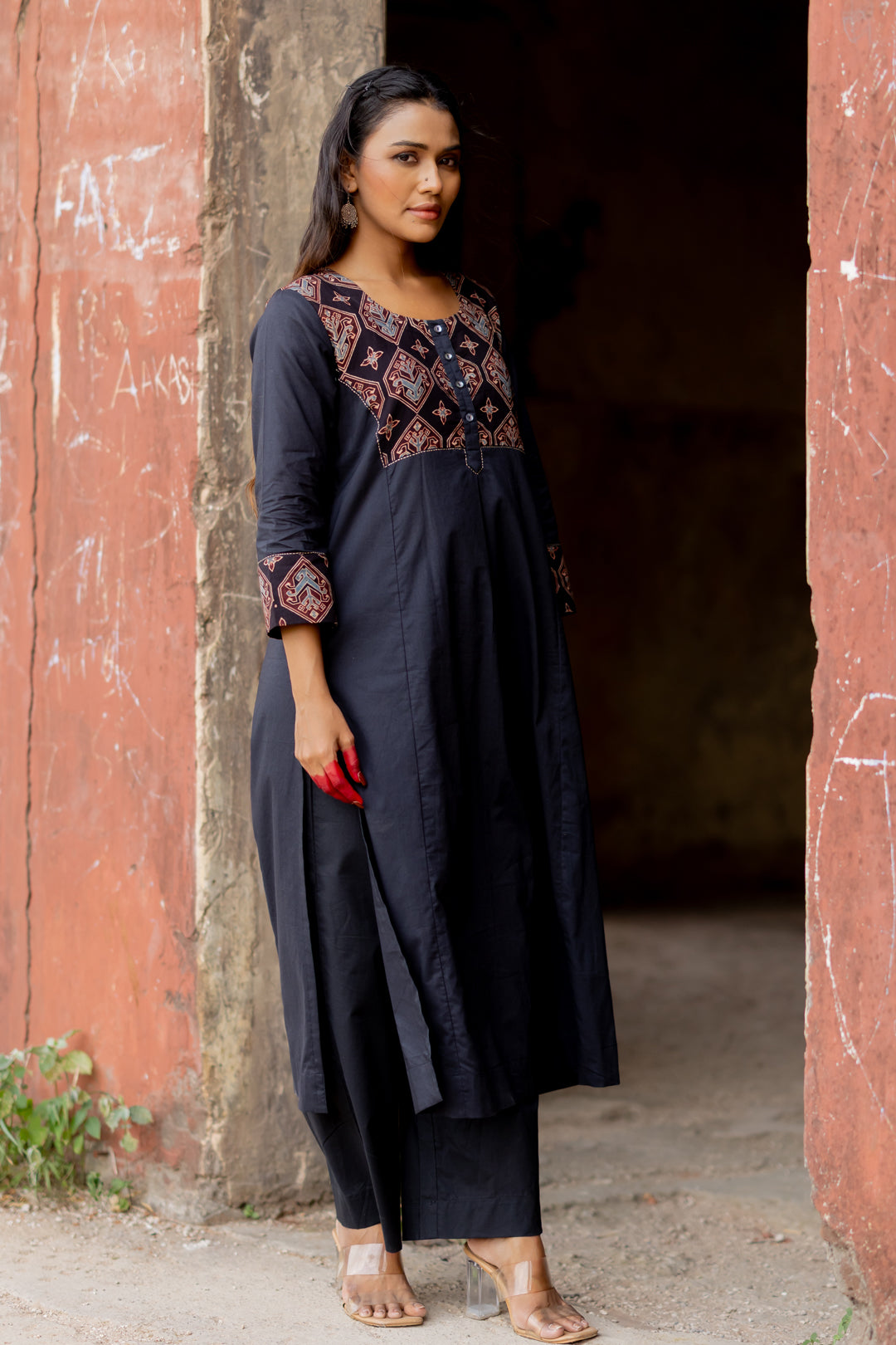 Block Print Cotton Kurta in Black - Mehrab