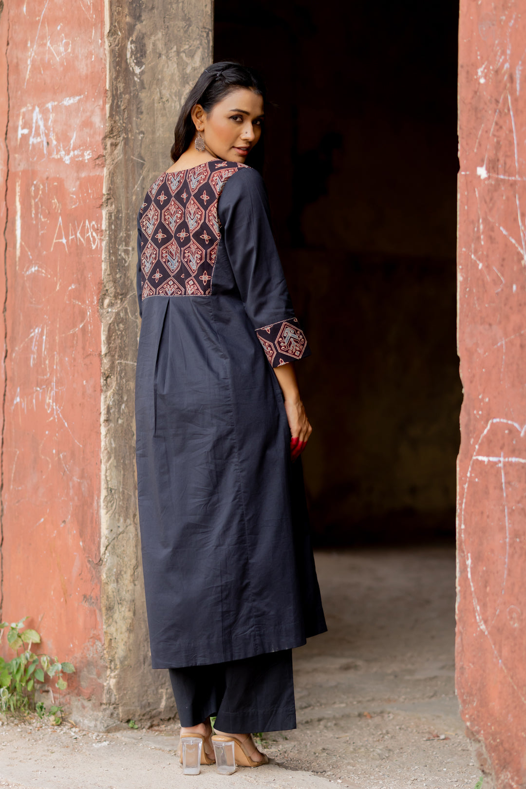 Block Print Cotton Kurta in Black - Mehrab