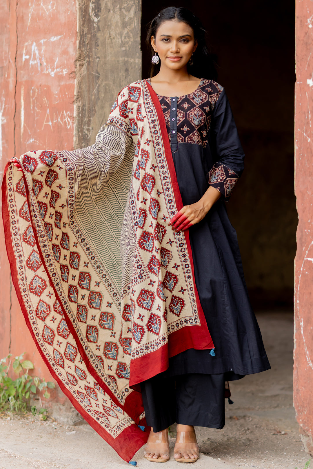 Ajrakh Hand Block Printed Mul Cotton Dupatta - Mehrab