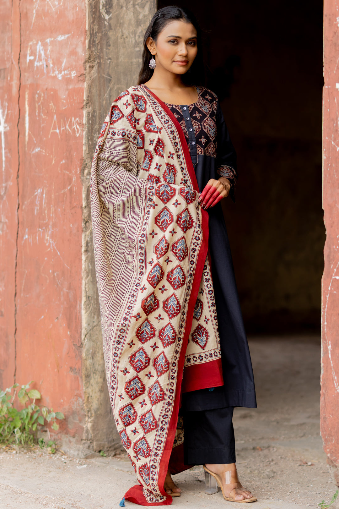 Ajrakh Hand Block Printed Mul Cotton Dupatta - Mehrab