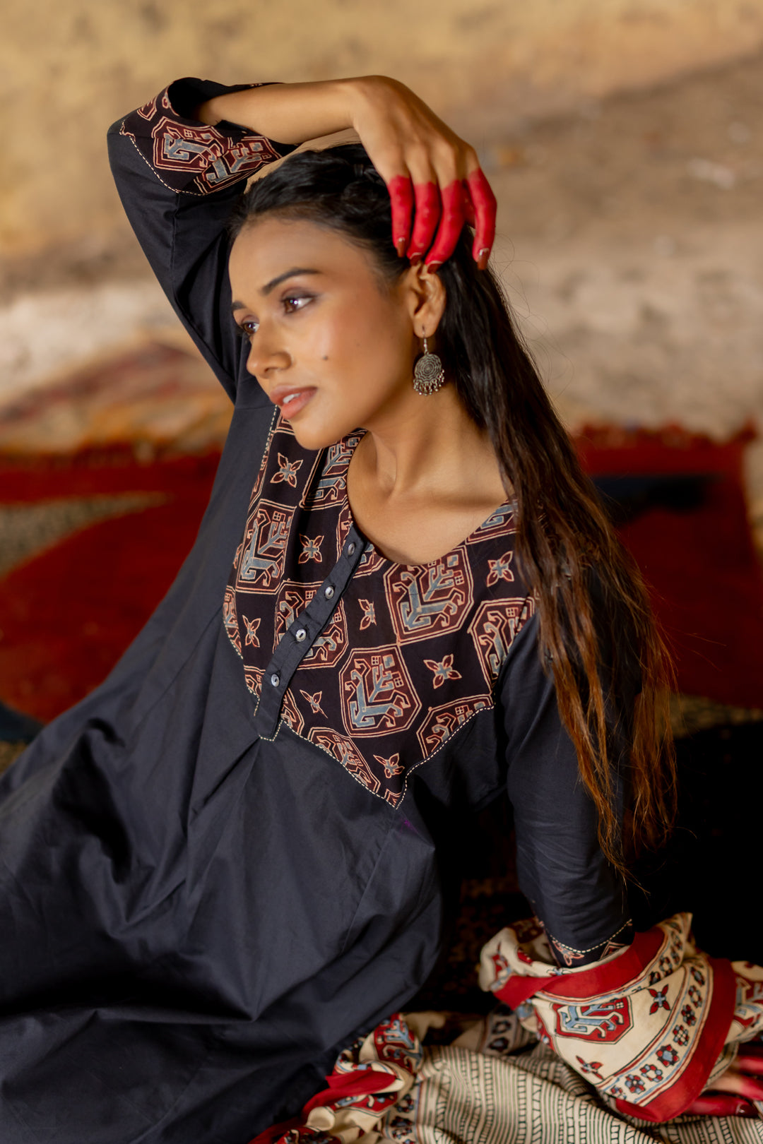 Block Print Cotton Kurta in Black - Mehrab