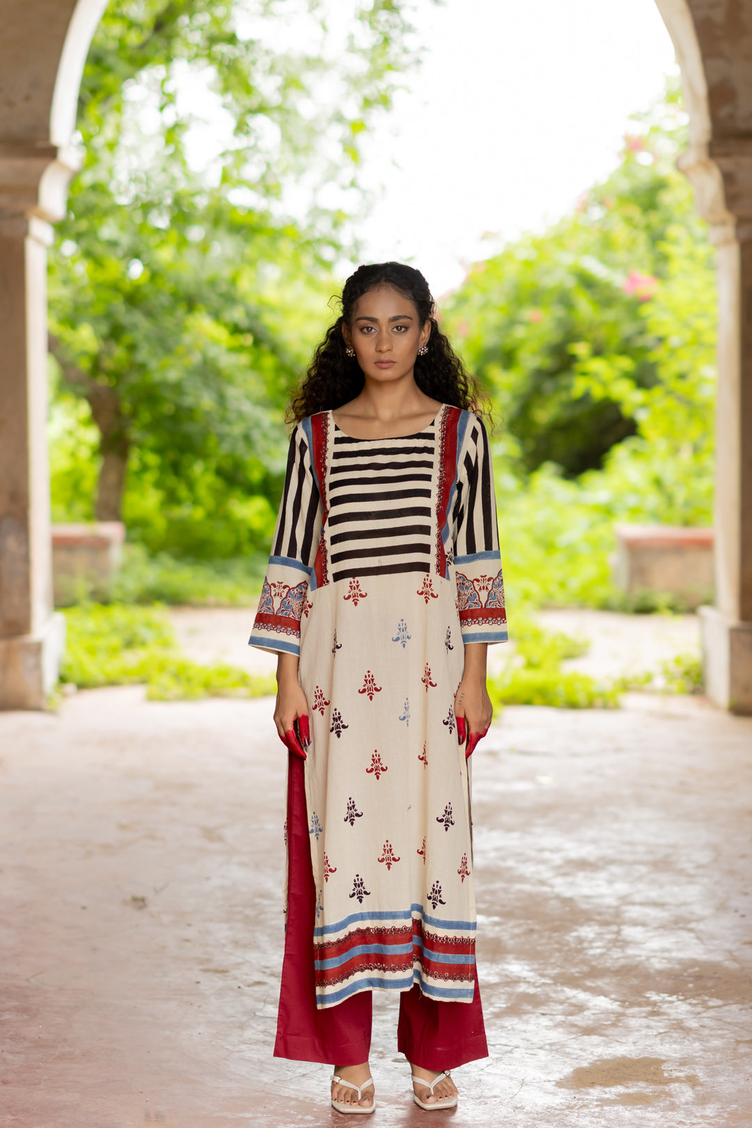 Women's Ajrakh Mul Cotton Kurta with Round Neck - Mehrab