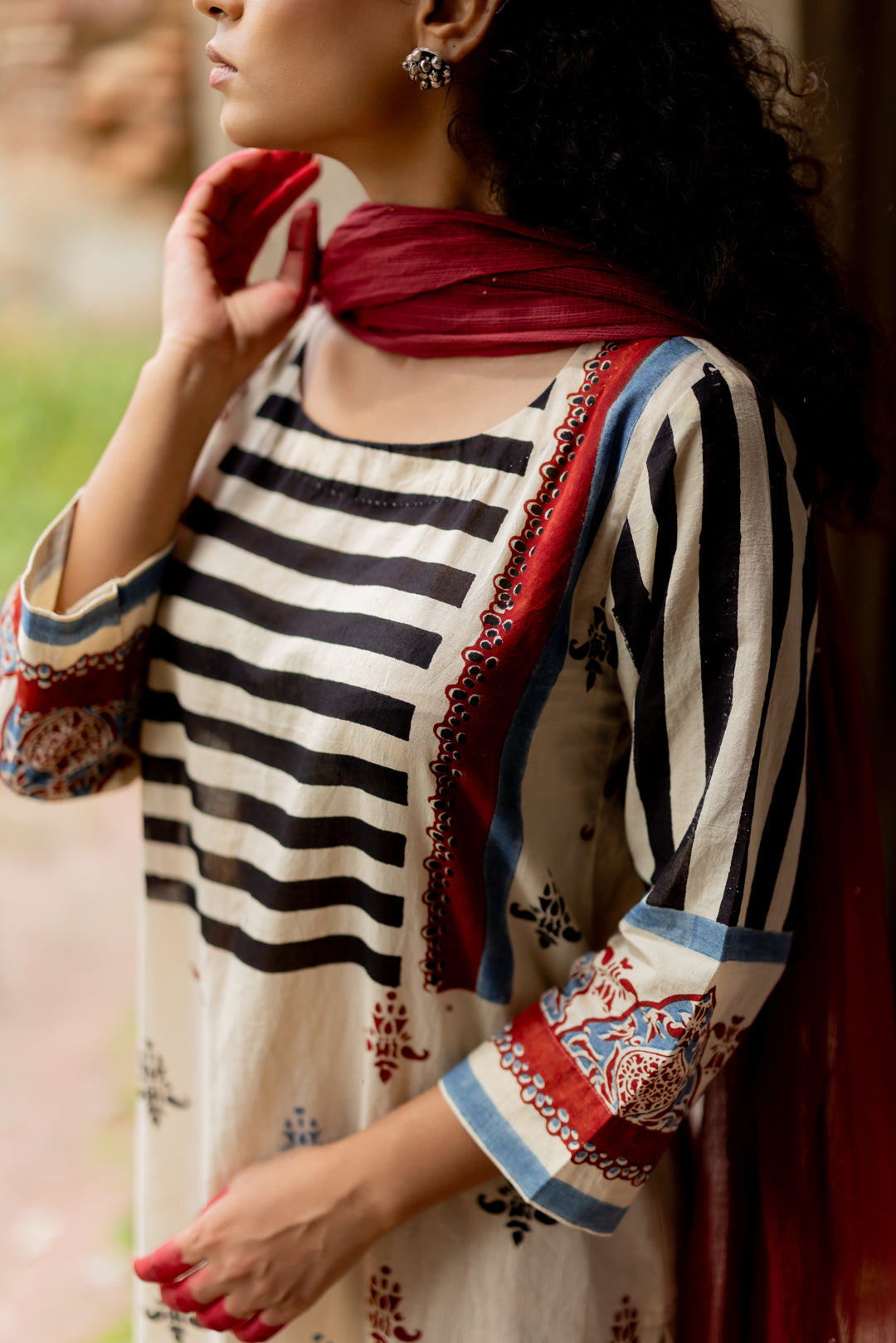Women's Ajrakh Mul Cotton Kurta with Round Neck - Mehrab