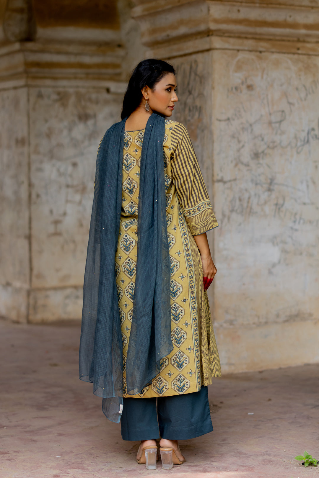 Block Print Cotton Kurta in Ajrakh Green - Mehrab