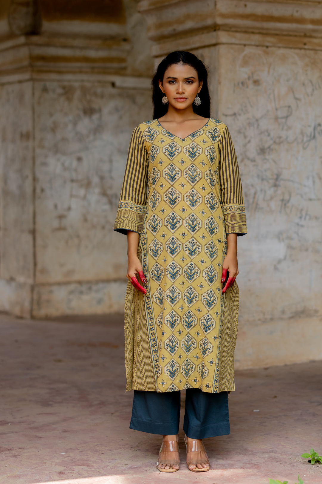 Block Print Cotton Kurta in Ajrakh Green - Mehrab