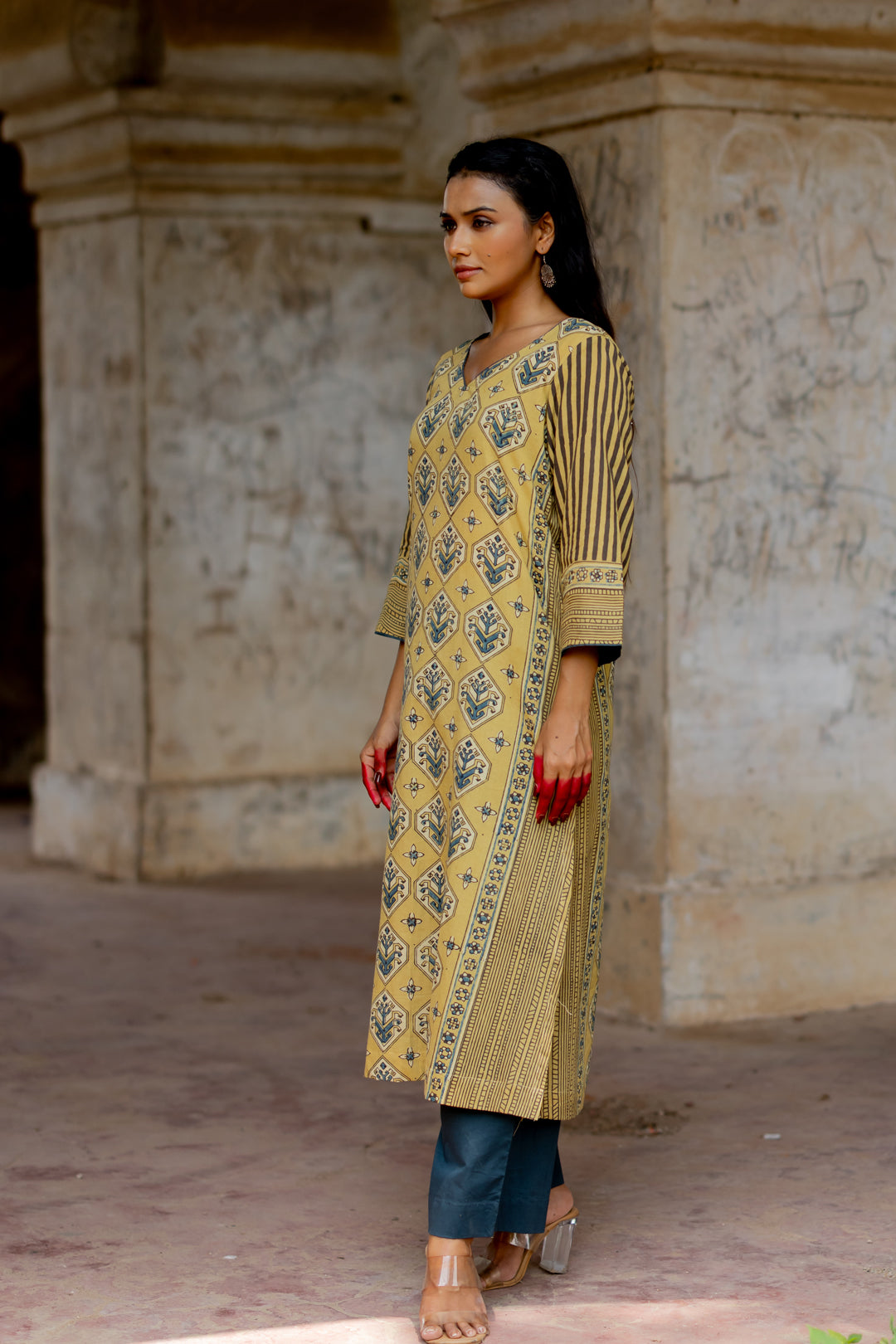 Block Print Cotton Kurta in Ajrakh Green - Mehrab
