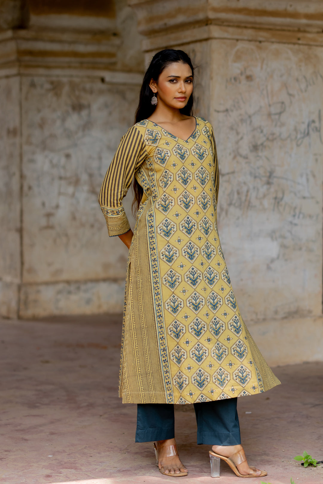 Block Print Cotton Kurta in Ajrakh Green - Mehrab