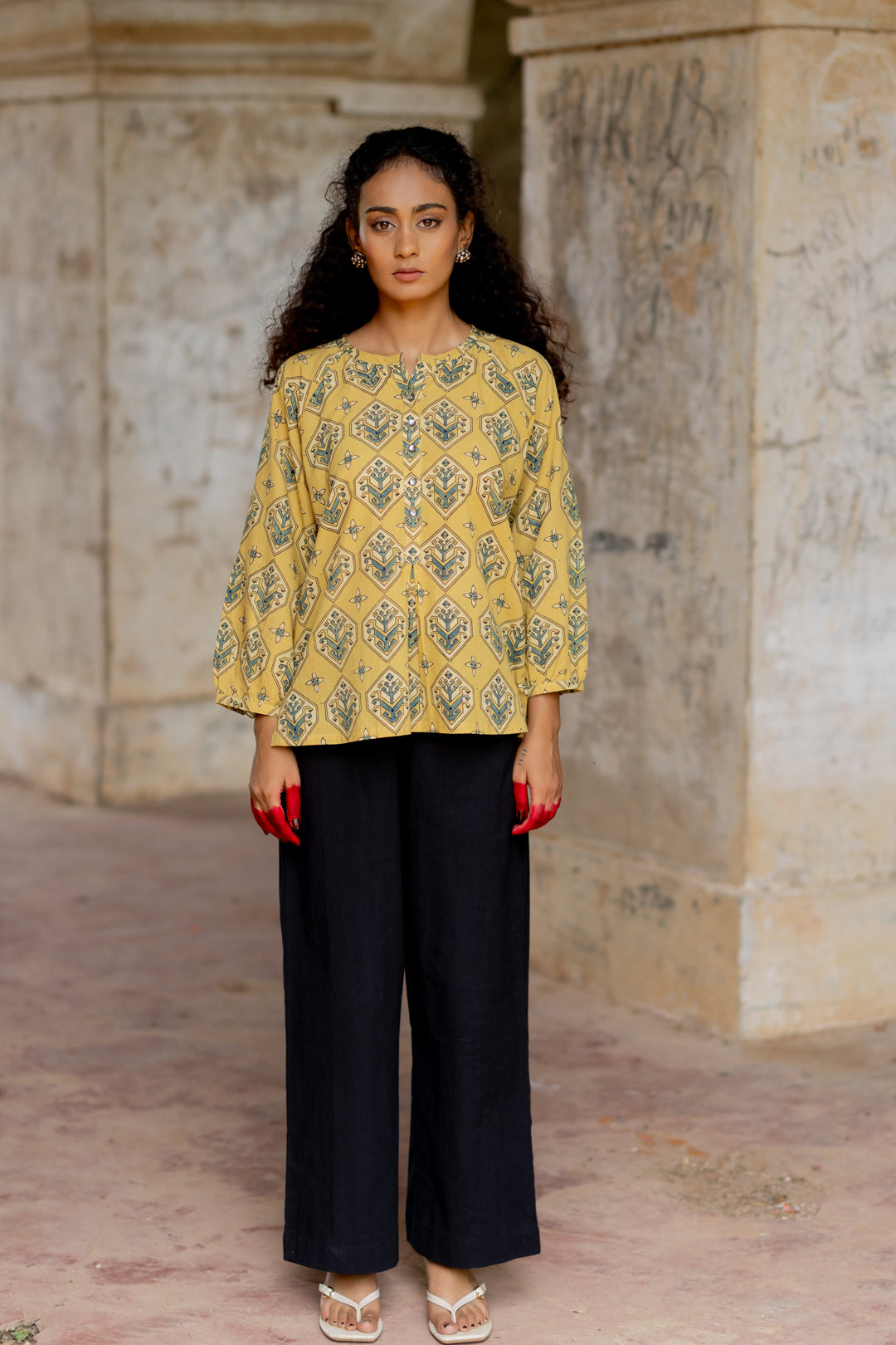 Women's Ajrakh Green Mul Cotton Top - Mehrab