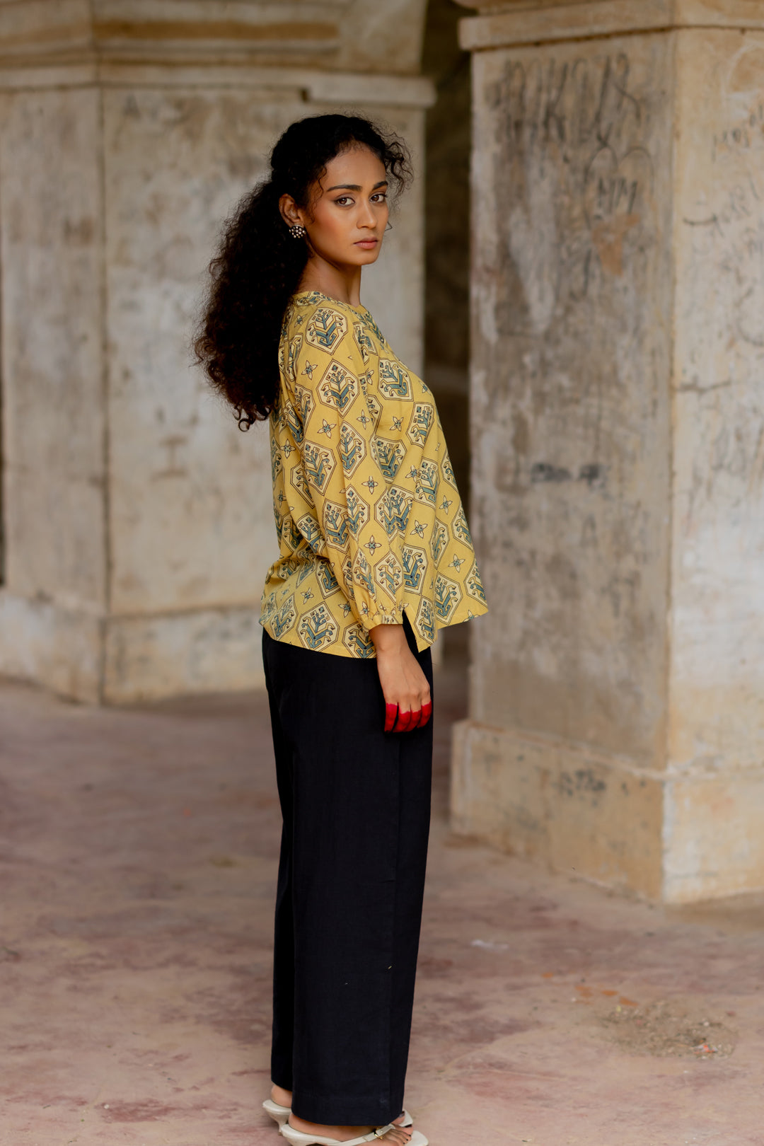 Women's Ajrakh Green Mul Cotton Top - Mehrab