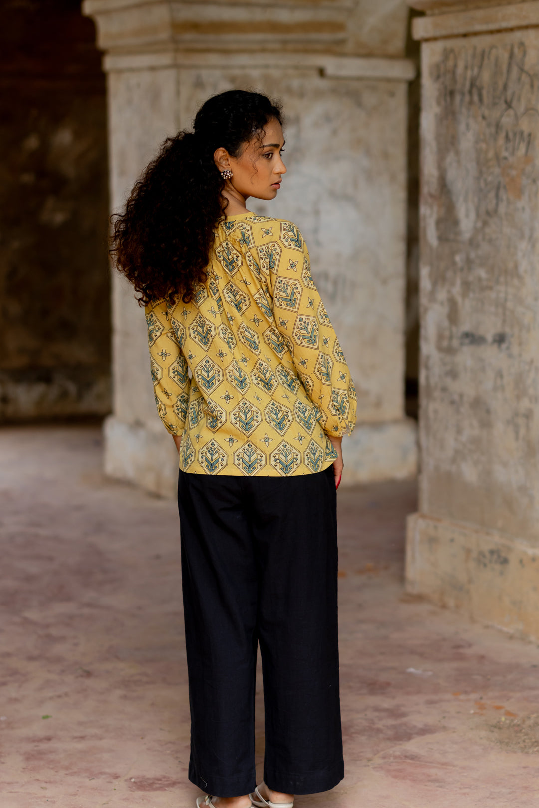 Women's Ajrakh Green Mul Cotton Top - Mehrab