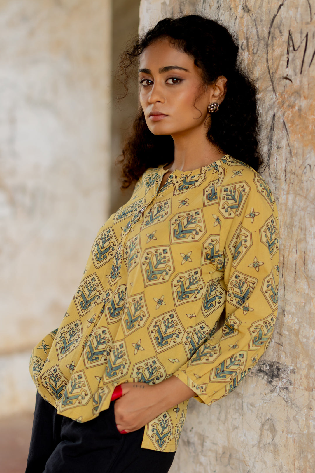 Women's Ajrakh Green Mul Cotton Top - Mehrab