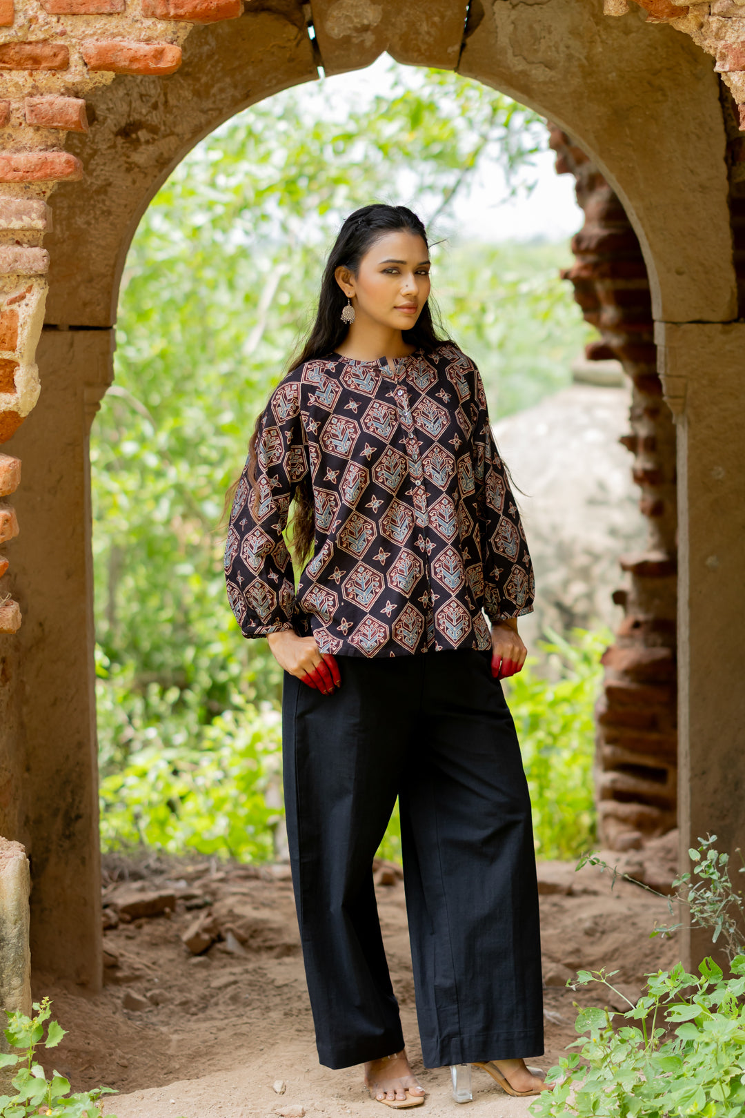 Women's Black Mul Cotton Top - Mehrab