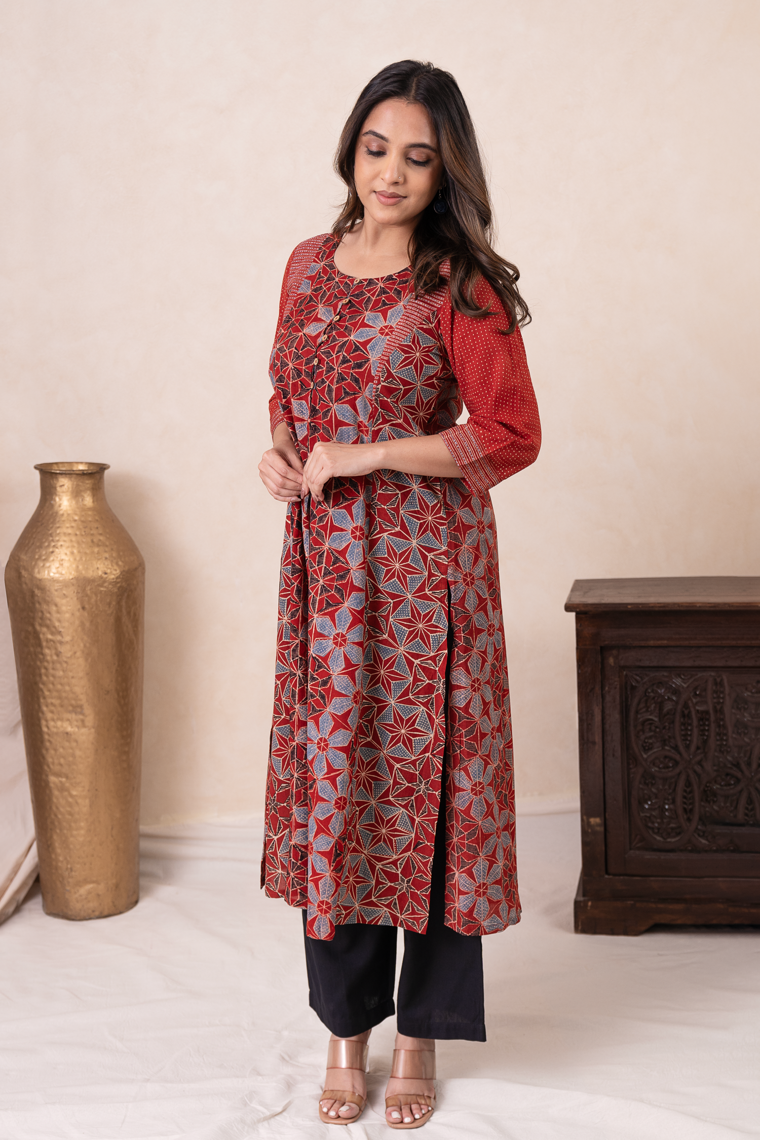 Aakruti Rust Ajarakh Cotton Kurta | Ray-ethnic