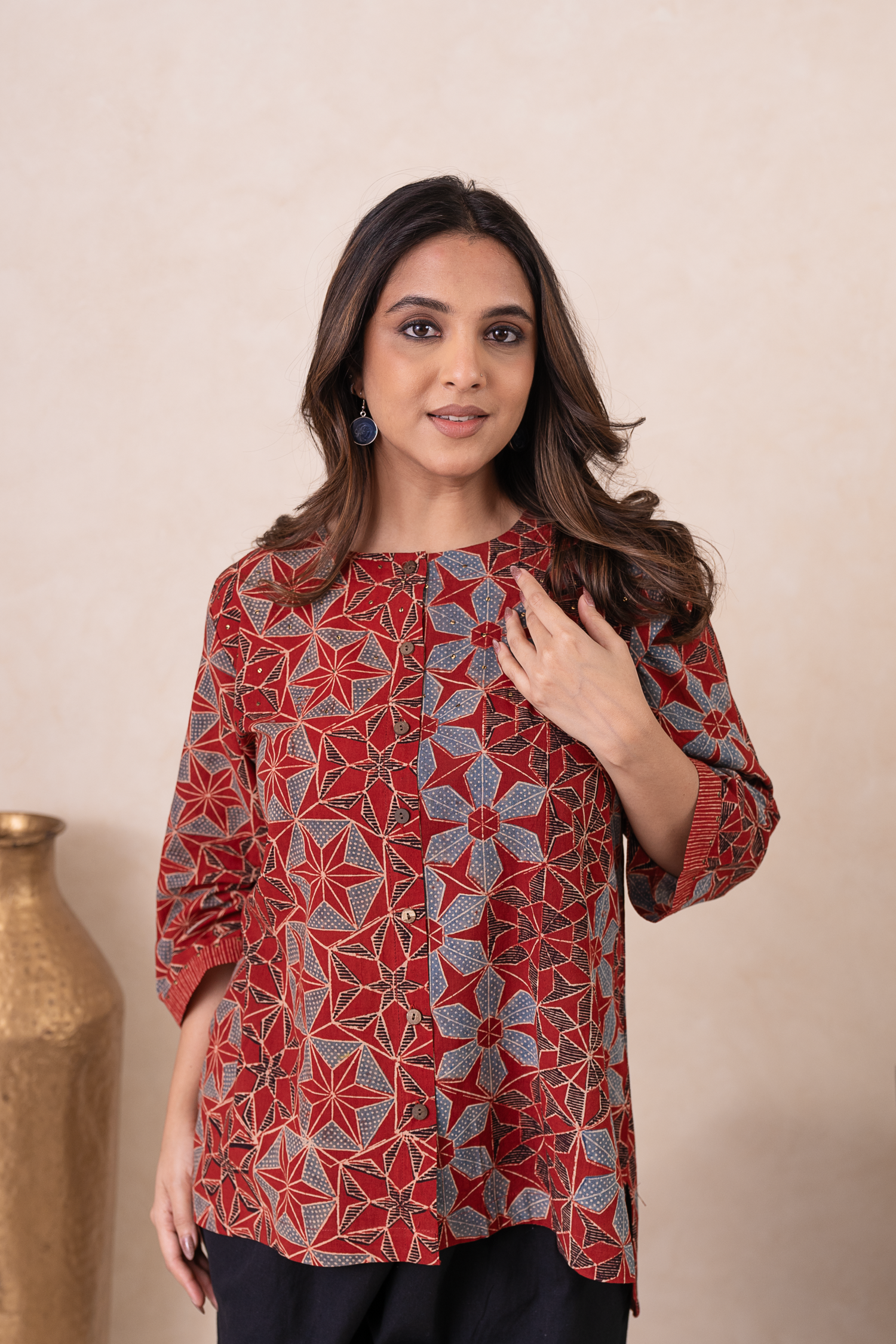Aakruti Rust Ajarakh Cotton Top | Ray-ethnic