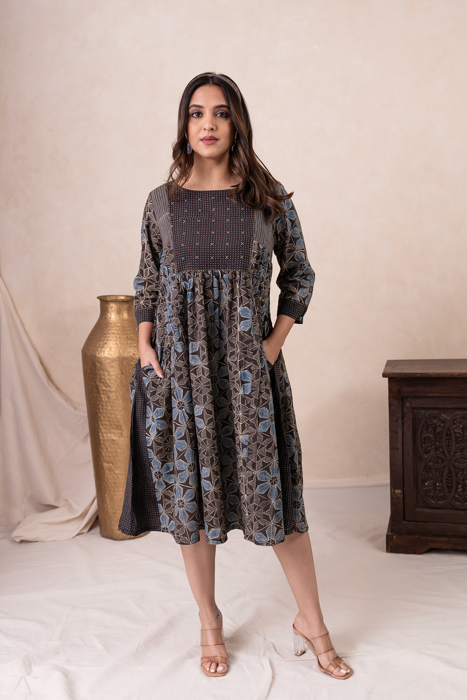 Aakruti Black Ajarakh Cotton Dress | Ray-ethnic
