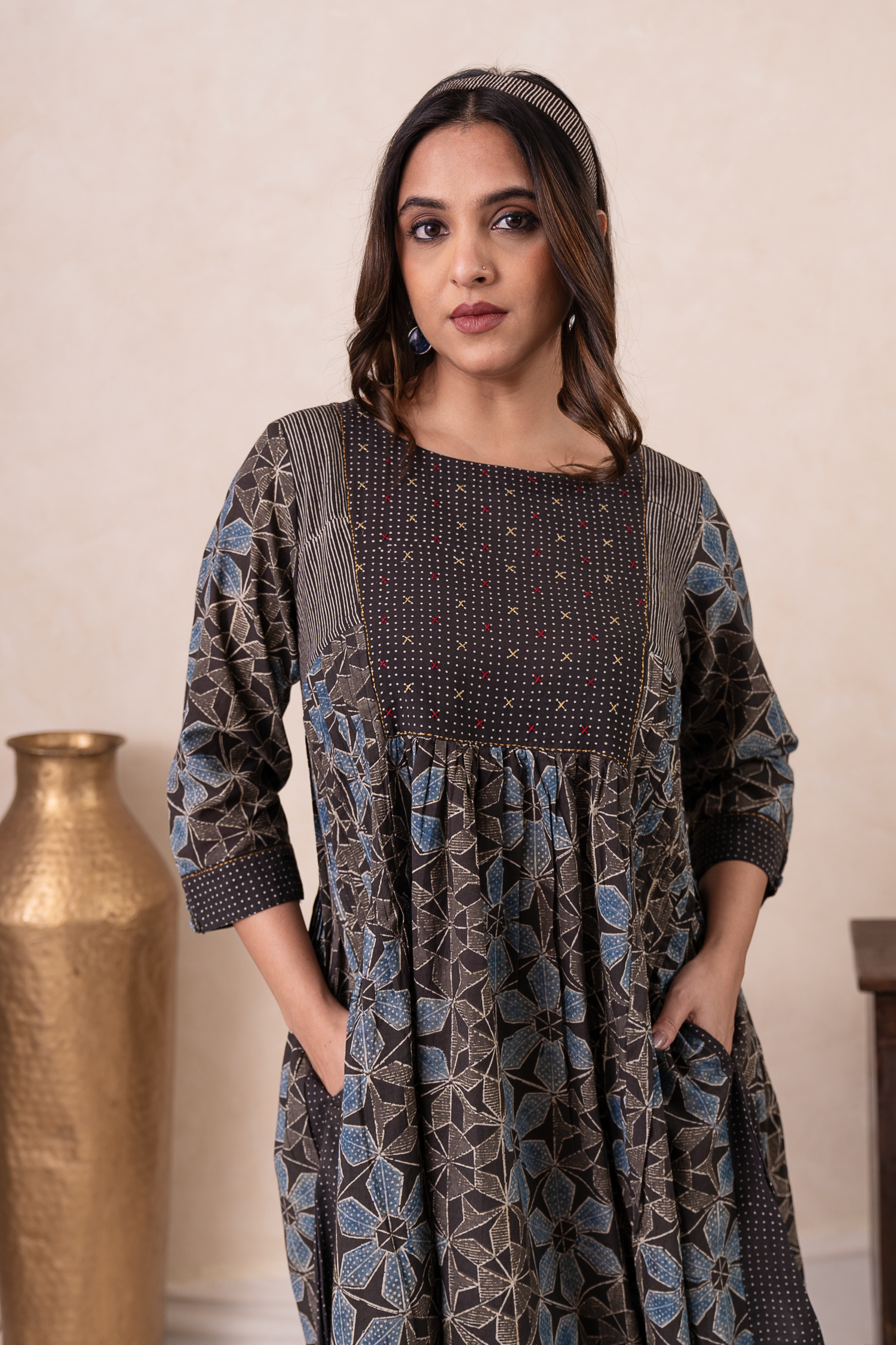 Aakruti Black Ajarakh Cotton Dress | Ray-ethnic