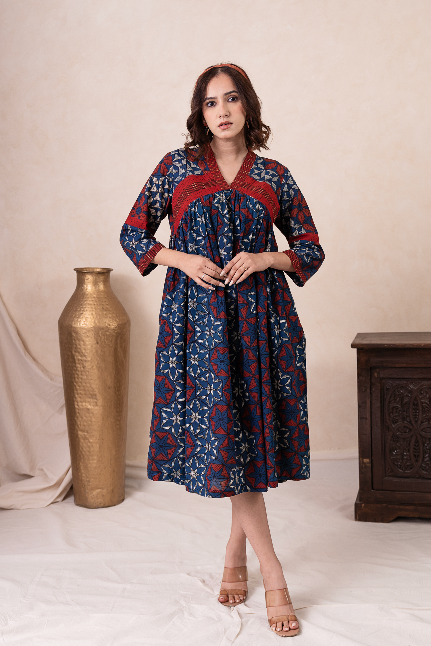 Aakruti Navy Blue Ajarakh Cotton Dress