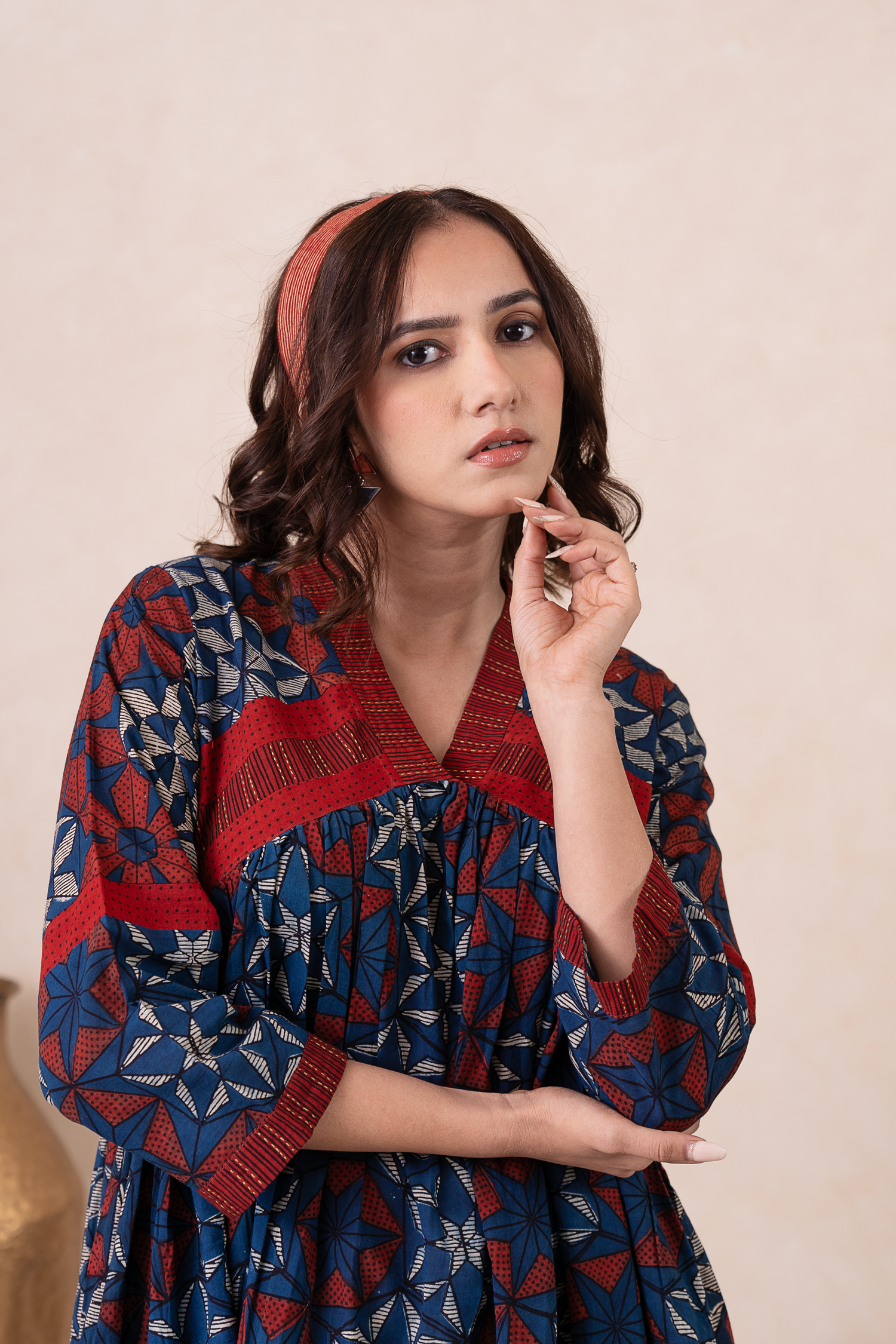Aakruti Navy Blue Ajarakh Cotton Dress | Ray-ethnic