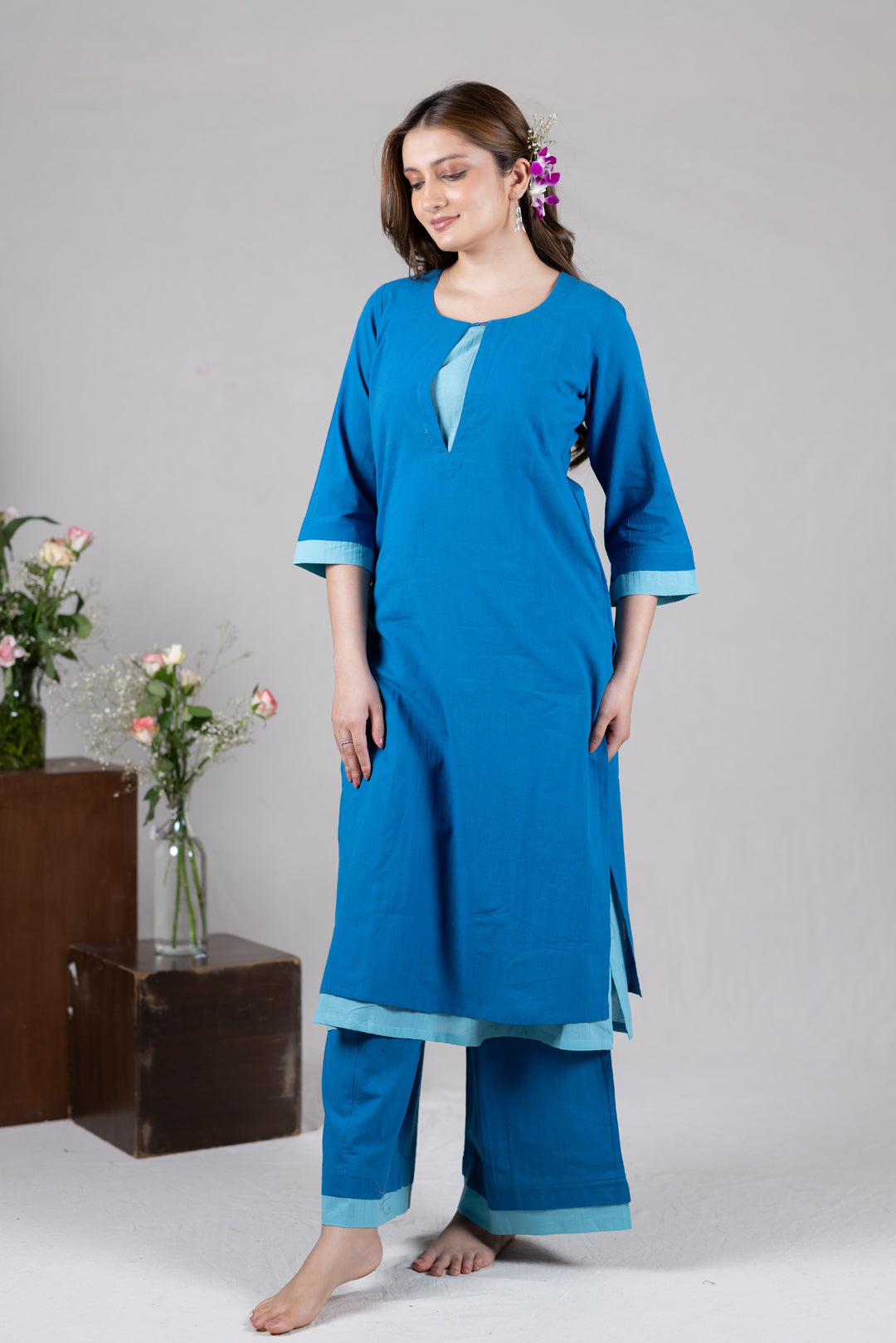 Layered Kurta Cord Set in Solid Blue for Women - Sahaj