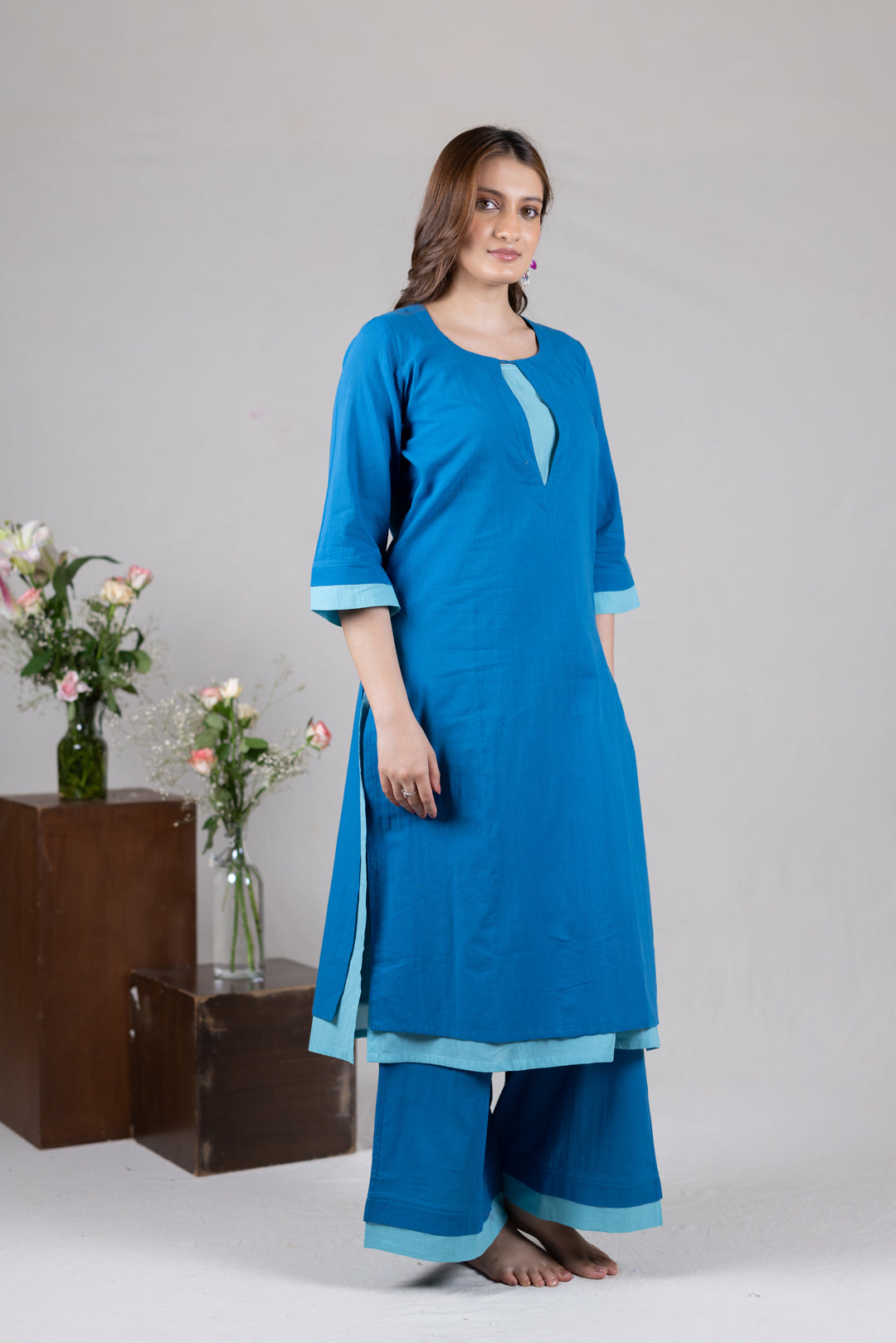 Layered Kurta Cord Set in Solid Blue for Women - Sahaj