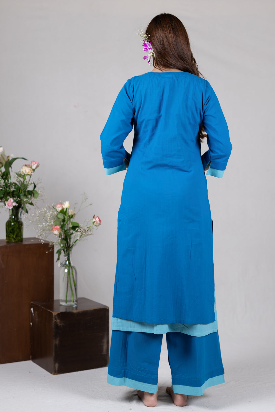 Layered Kurta Cord Set in Solid Blue for Women - Sahaj