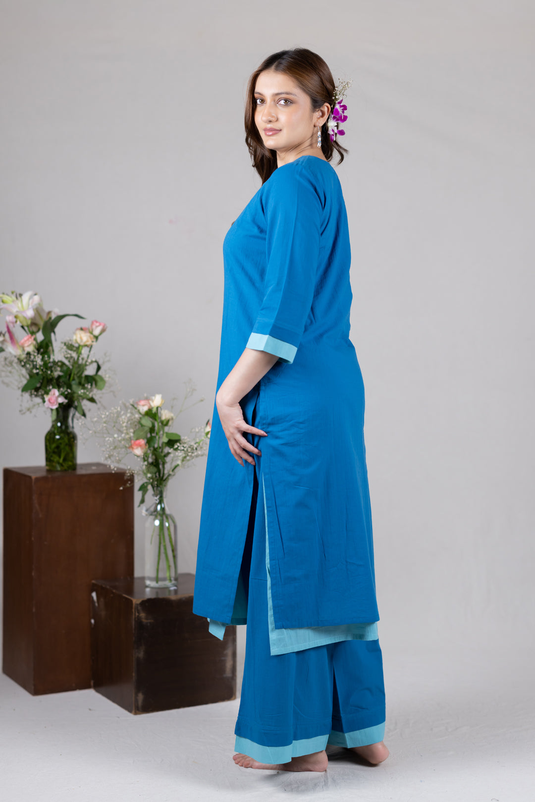 Layered Kurta Cord Set in Solid Blue for Women - Sahaj