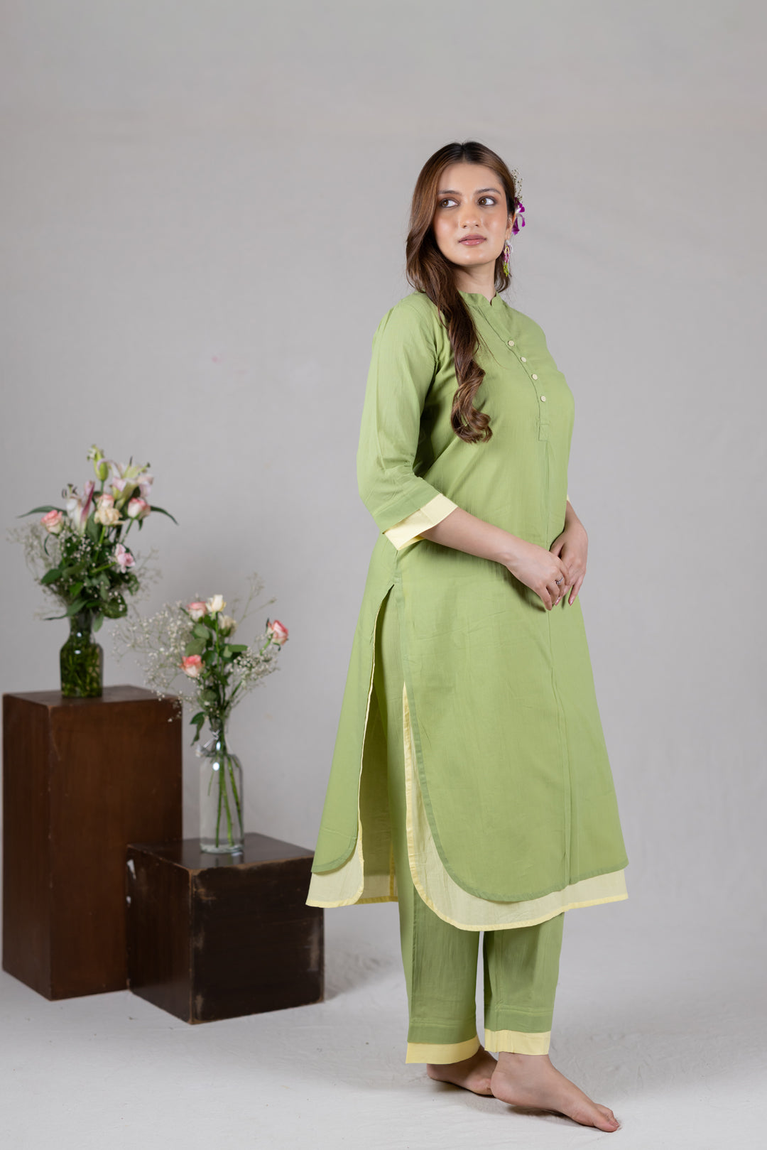 Layered Kurta Cord Set in Solid Green for Women - Sahaj