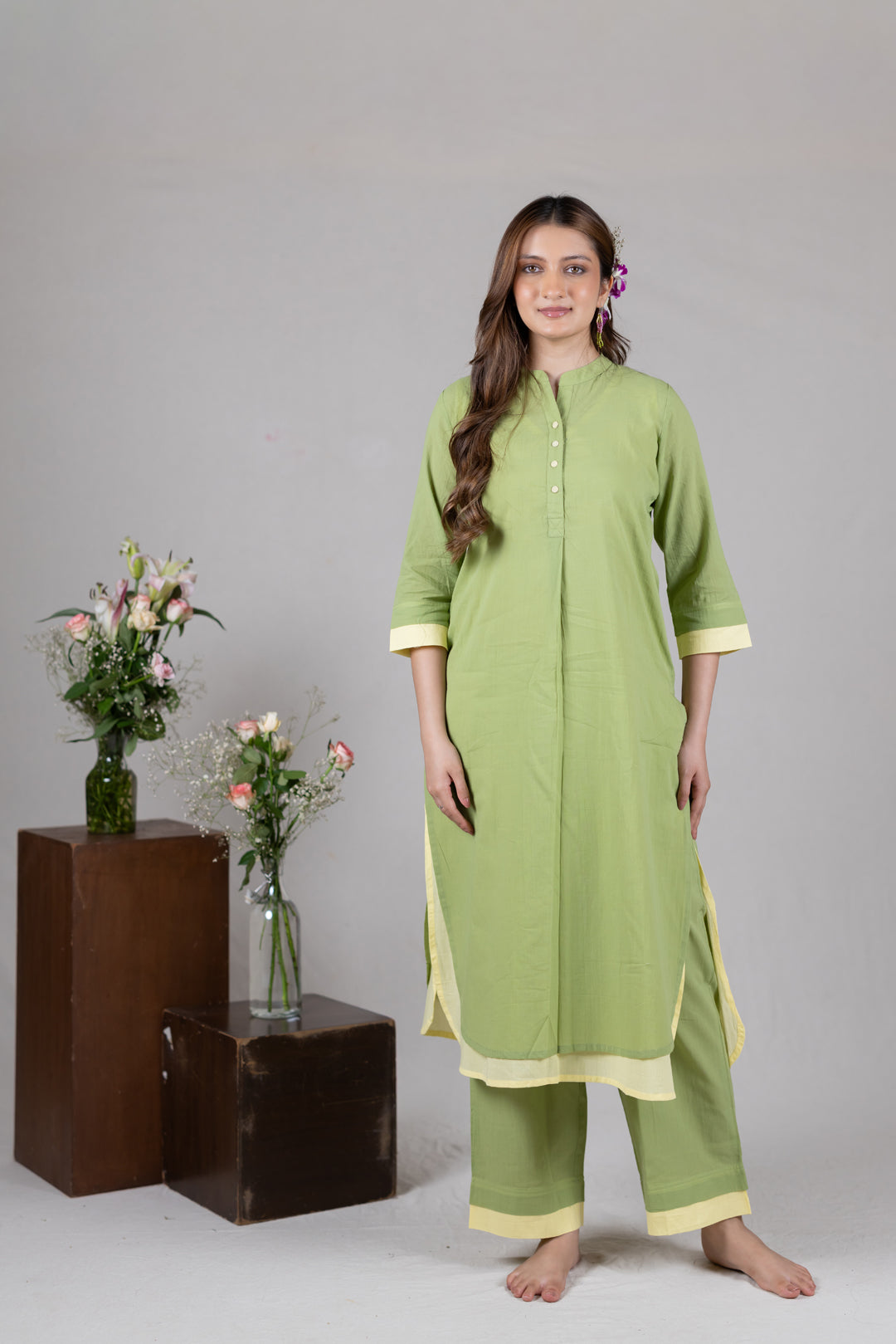 Layered Kurta Cord Set in Solid Green for Women - Sahaj