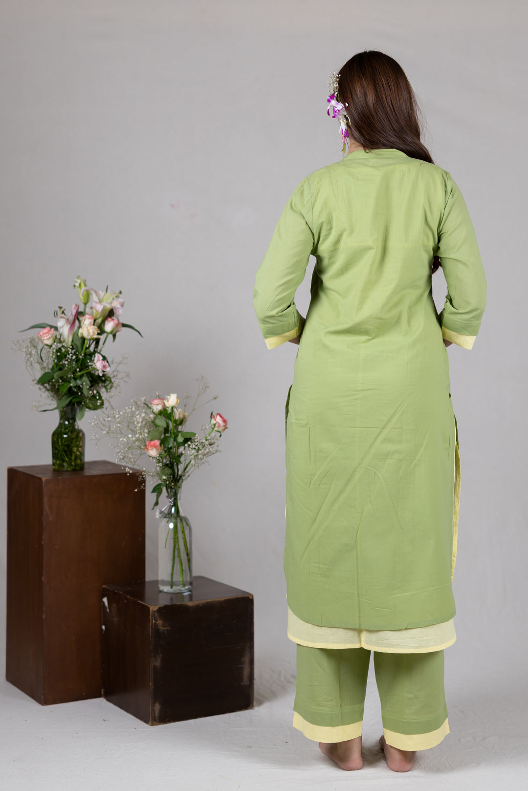 Layered Kurta Cord Set in Solid Green for Women - Sahaj