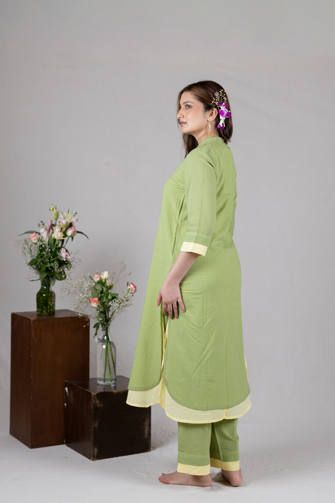Layered Kurta Cord Set in Solid Green for Women - Sahaj