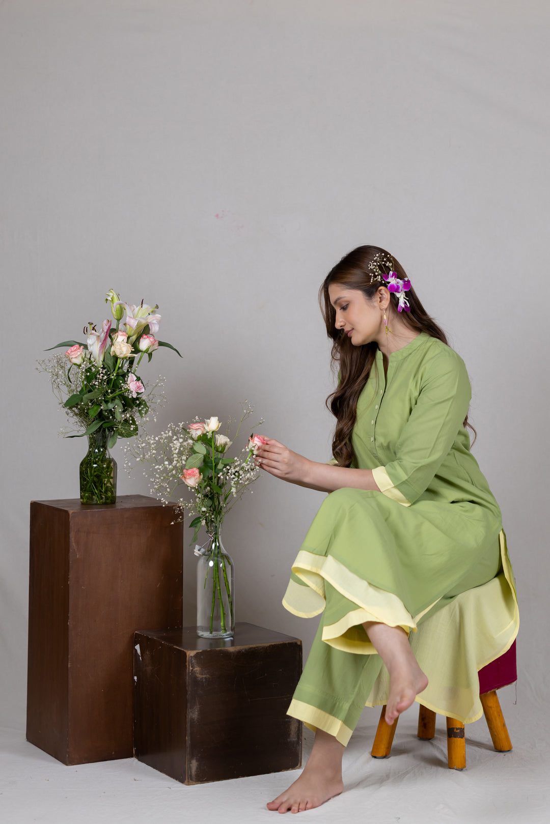 Layered Kurta Cord Set in Solid Green for Women - Sahaj
